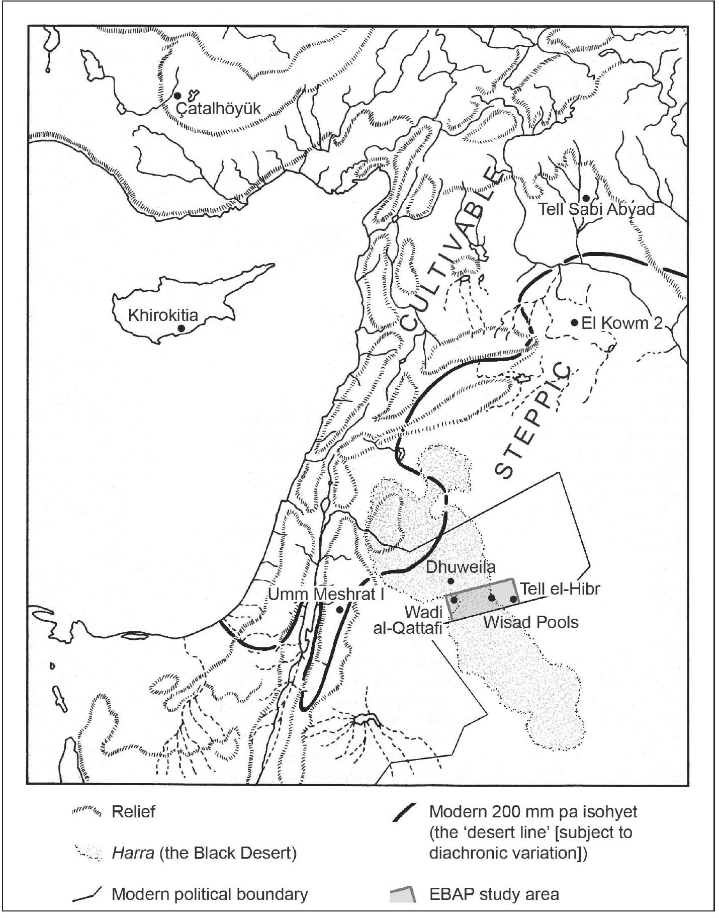 this has not been seen elsewhere in W-80, nor in the immediate vicinity of the structure. Some of these pavers underlie the base of the verti- cal interior slabs of the south-east wall of W-80 by almost 20cm and, indeed, continue beneath them. The relationship of this paved surface to the structural components of W-80 exposed so far thus remains to be determined, as does its ultimate extent. What is significant is that the radiometric date associated with the Transition- al Early LN / Later LN (Beta 366676 [see 2.2.2 below]) provides a terminus ante quem for this phase of activity, in all probability pushing it back into the Early LN if not earlier. In this re- spect it might be reiterated that quite substantial Late PPNB cultural deposits are known from he area immediately west of Pool 1 (Wasse and   2.1. (2?) Early LN  In the closing days of the 2018 season, con- firmation of our suspicions (Rollefson ef al. 2018a: 537) that W-80 might predate the Later LN (Baird’s [1993: 77-78] steppe-specific, pro- jectile-point-based periodisation used hence- forth) was discovered. Separated from the over- ying Transitional Early LN / Later LN (see 2.2.2 below) deposits in the south-eastern part of the interior by 5 - 10cm of extremely compact, red- dish brown sand-silt with gypsum streaks, likely he remnants of a Transitional Early LN / Later LN gypsum-rich surface laid over a thickness of natural sediment, was an underlying paved surface. This consisted of smooth basalt slabs, some up to Im in length, which were distinc- tive on account of their olivinitic hue. To date  