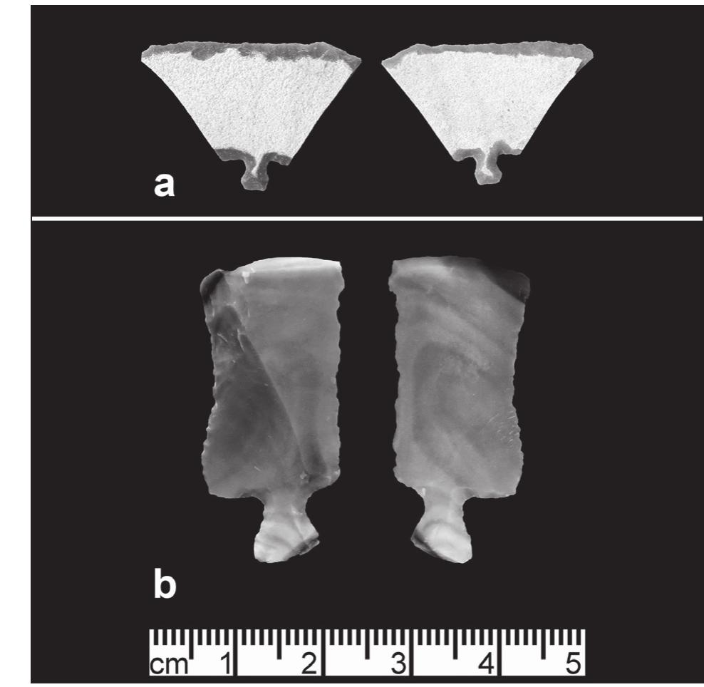 ). (a) Pedunculated seam knife from W-66; (b) pedunculatec serrated knife from W-80 (photographer G.O. Rollefson).  8. (a), (b) Needle-sharp drills from W-80; (c) skewed drill from W-400 (photographer G.O. Rollefson). 