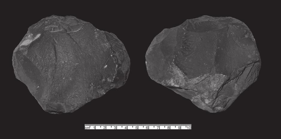 14. Red ochre block found just inside W-80 Later LN phase north-east doorway (photographer G.O. Rollefson).  The second special find of significant inter- est is a perforated plaque - or ‘link’ - of mother- of-pearl (Fig. 16). Mother-of pearl fragments have been relatively numerous at Wisad Pools, but the size of the plaque seems imbued with particular importance, either for the person who wore it, or for the building where it was 