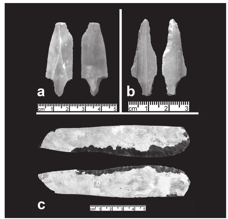 20. (a), (b) Badiyah points from W-400; (c) bifacial seam knife from W-400 (photographer G.O. Rollefson).  Although the material recovered from W-400 is suggestive of a LN date for this structure, it’s 00 early to speculate as to whether it may have been contemporary with all or part of the occu- pation at W-80 and W-66. The attached enclo- sure suggests that it may have been occupied by herders, while the two Badiyah points hint at a closer cultural affiliation with sites such as M7 SS-1 in Wadi al-Qattafi (Rollefson et al. 2016: able 2, fig. 7, 2017: tab. 5, fig. 7c-d [see also Nishiaki 2019: 184-185, 187 re. Badiyah points in the Syrian and Iraqi steppe]) than with W-80 and W-66 less than a kilometre to the south. The location of W-400 some distance from the pools on the margins of the LN core of the site is intriguing, raising the possibility that prime locations closer to the water may already have been taken by more established users of the  