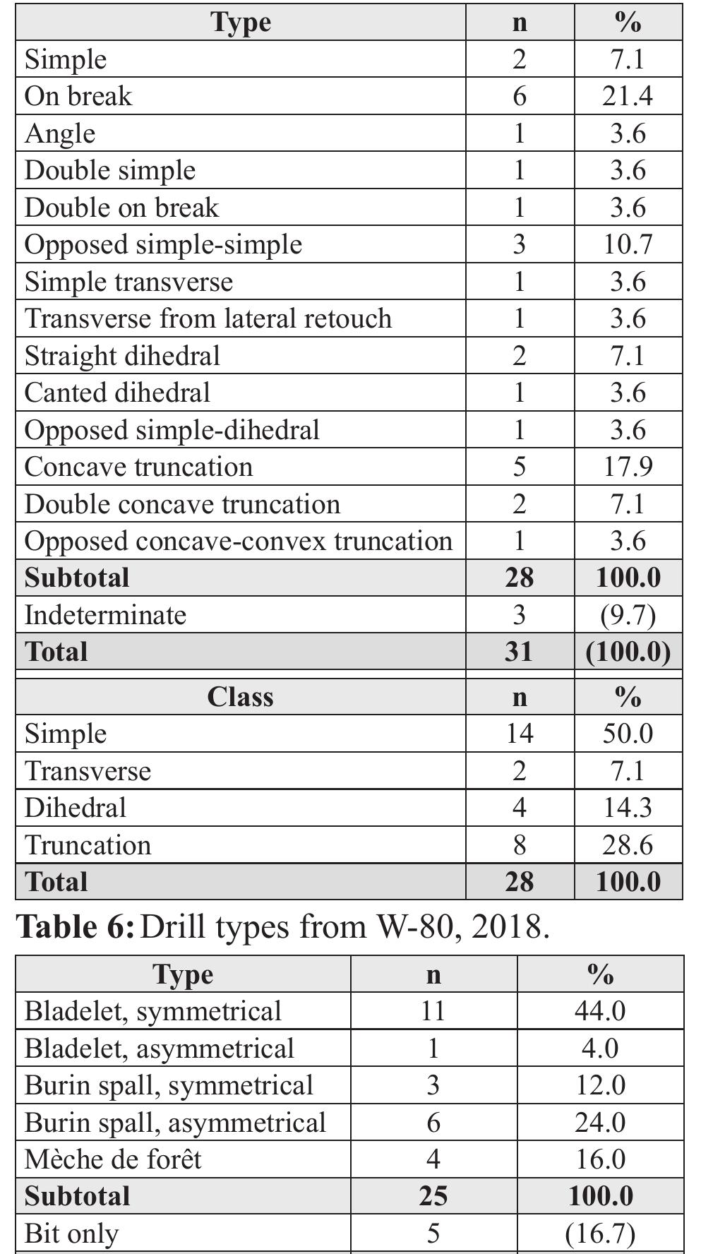 Table 5: Burin types and classes from W80, 2018. 