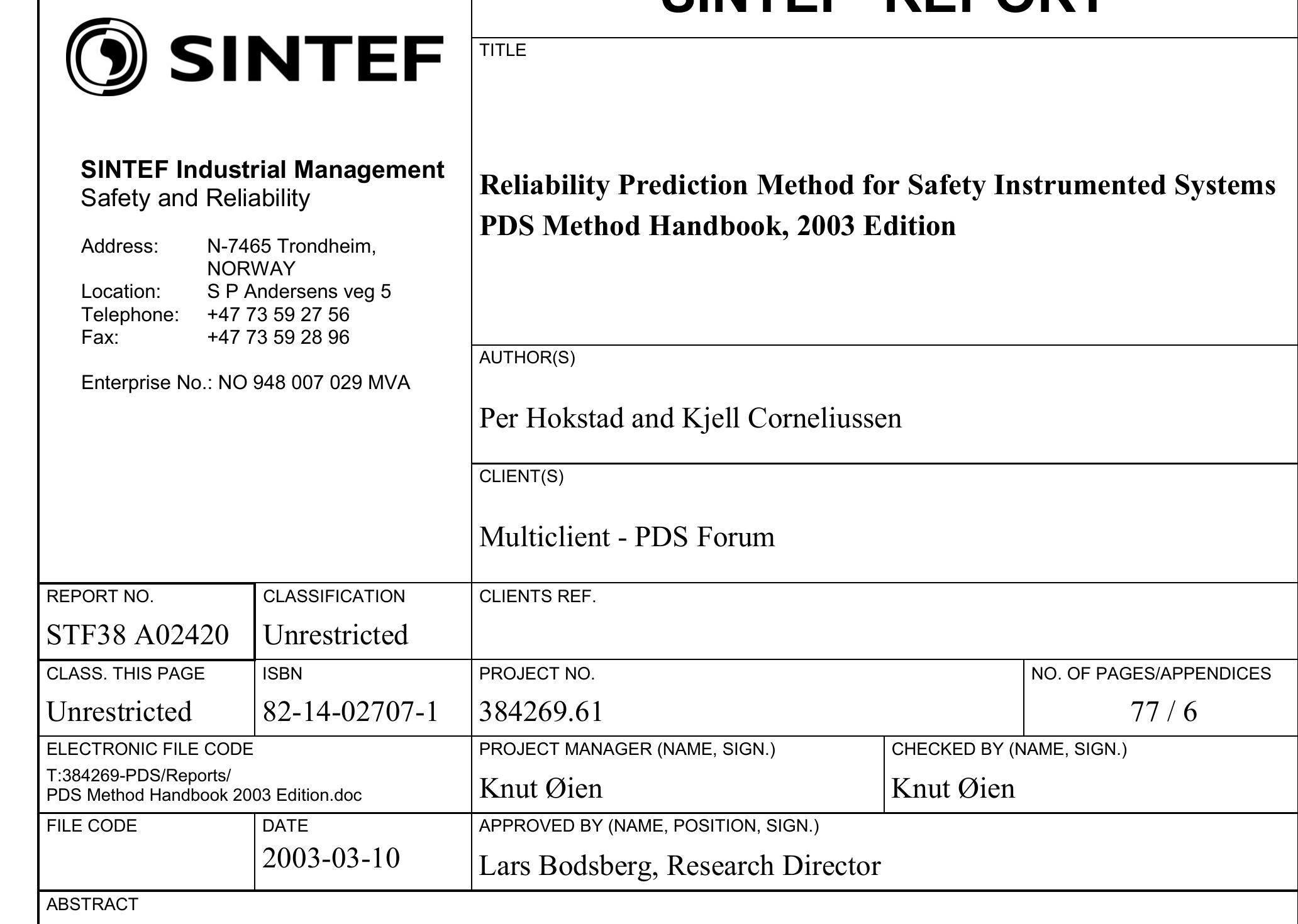 (PDF) Reliability Prediction Method for Safety Instrumented Systems PDS ...