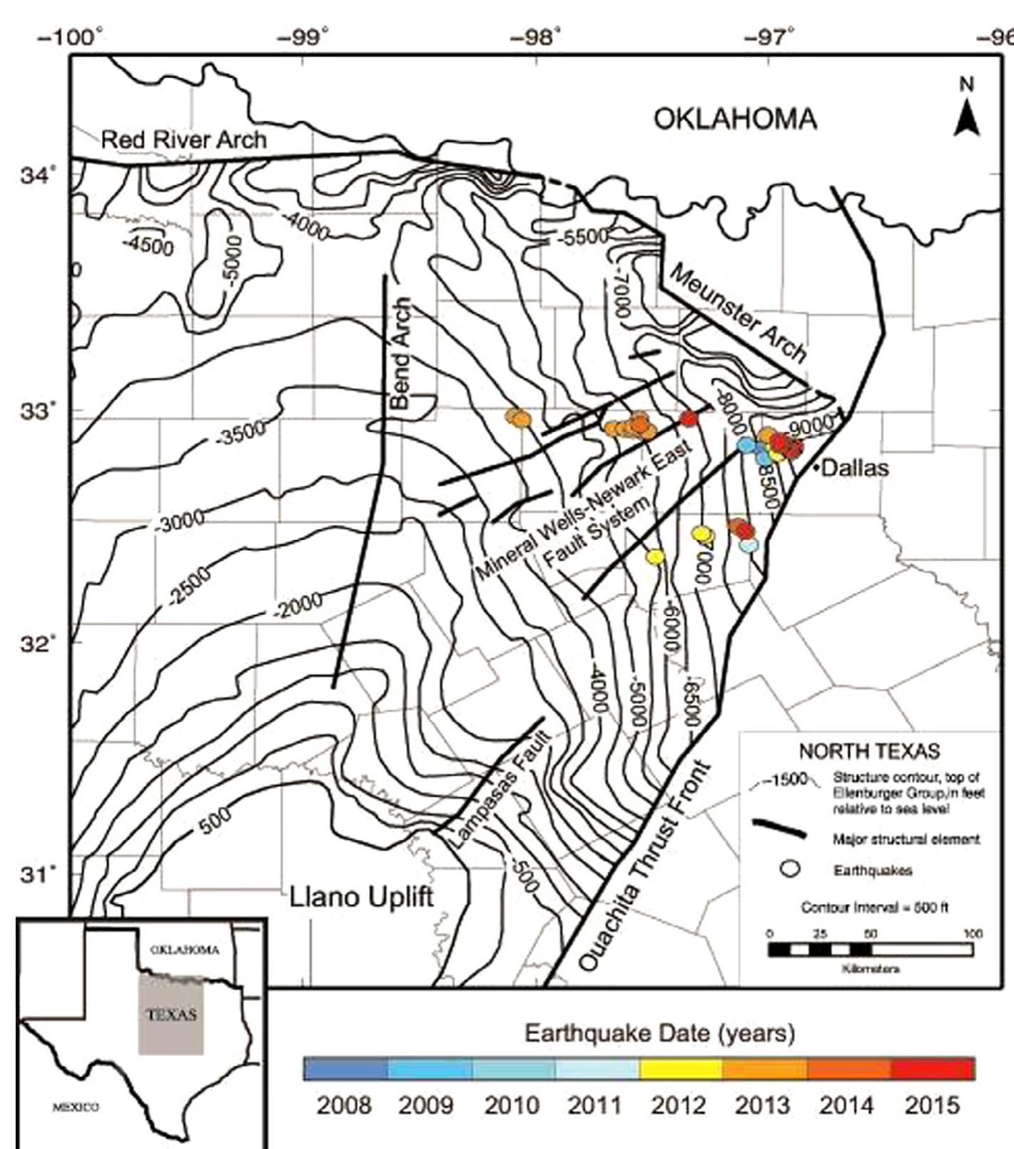 Map of the bendarch fort worth basin showing earthquake