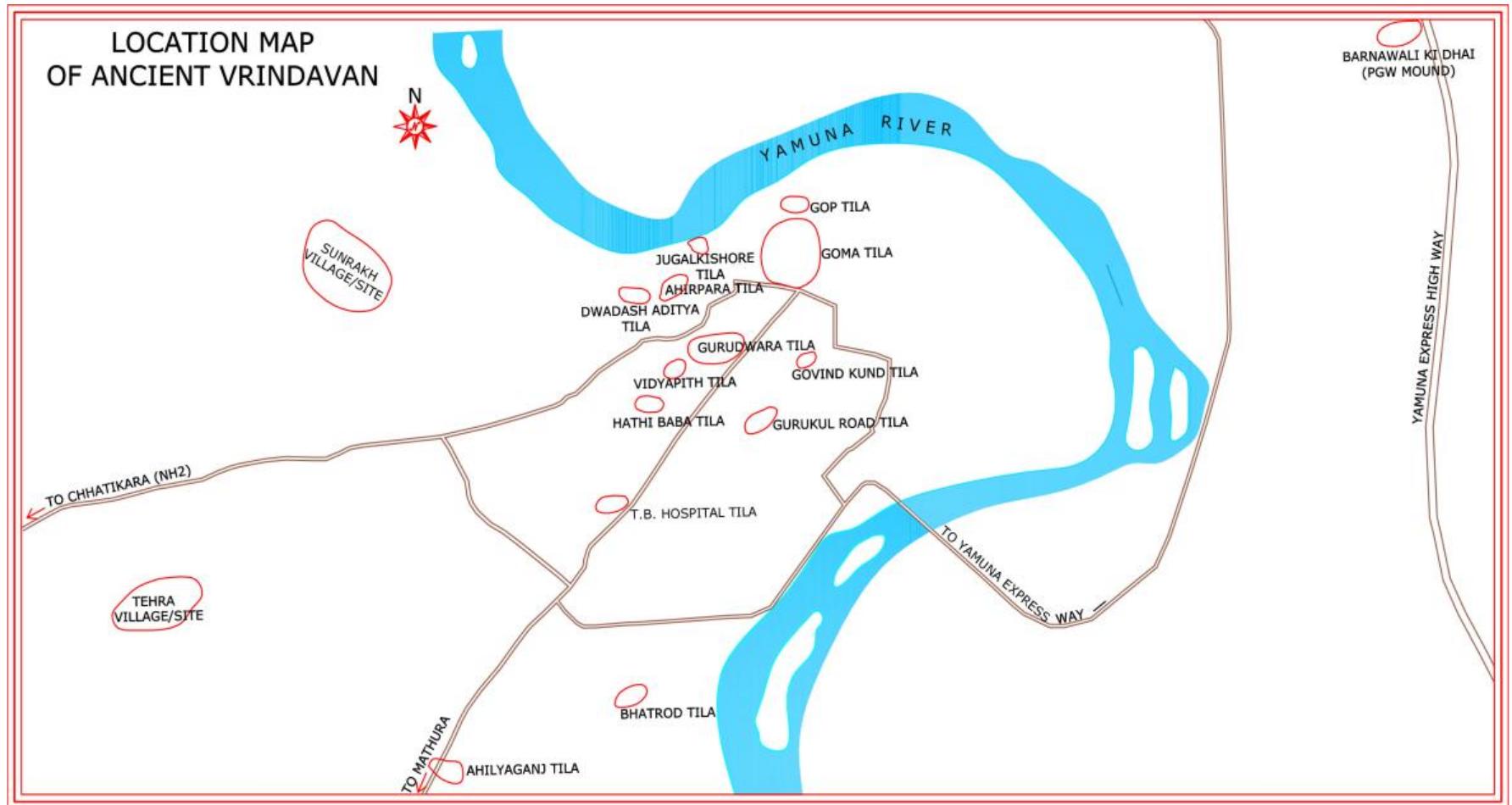It is possible that during the ancient times too, the importance of Mathura and Vrindavan lied together as in modern days. The whole landscape between Mathura and Vrindavan is full of archaeological sites, some of which are religious sites of Buddhist affiliation like the Kankor Tila near Birla Mandir and possibly the Ganesh Tila whereas Chamunda Tila, Gokarneshwar Tila, Jaisinghpura locality, Radhapuram site situated in front of PMV Polytechnic, Ahilyaganj and Akrur sites might have had some sort of Buddhist association but were not limited to it (Gupta 2013). Out of these only Jaisinghpura locality was a regular habitation mound. Ahilyaganj mound was an ASI protected site but is completely non-existent now. From locals it was known that many Buddhist sculptures were found during destruction of that site and were smuggled out. Tehra is a village also situated between Mathura and Vrindavan but slightly off the road and it was a regular village settlement of early centuries of the Common Era. 
