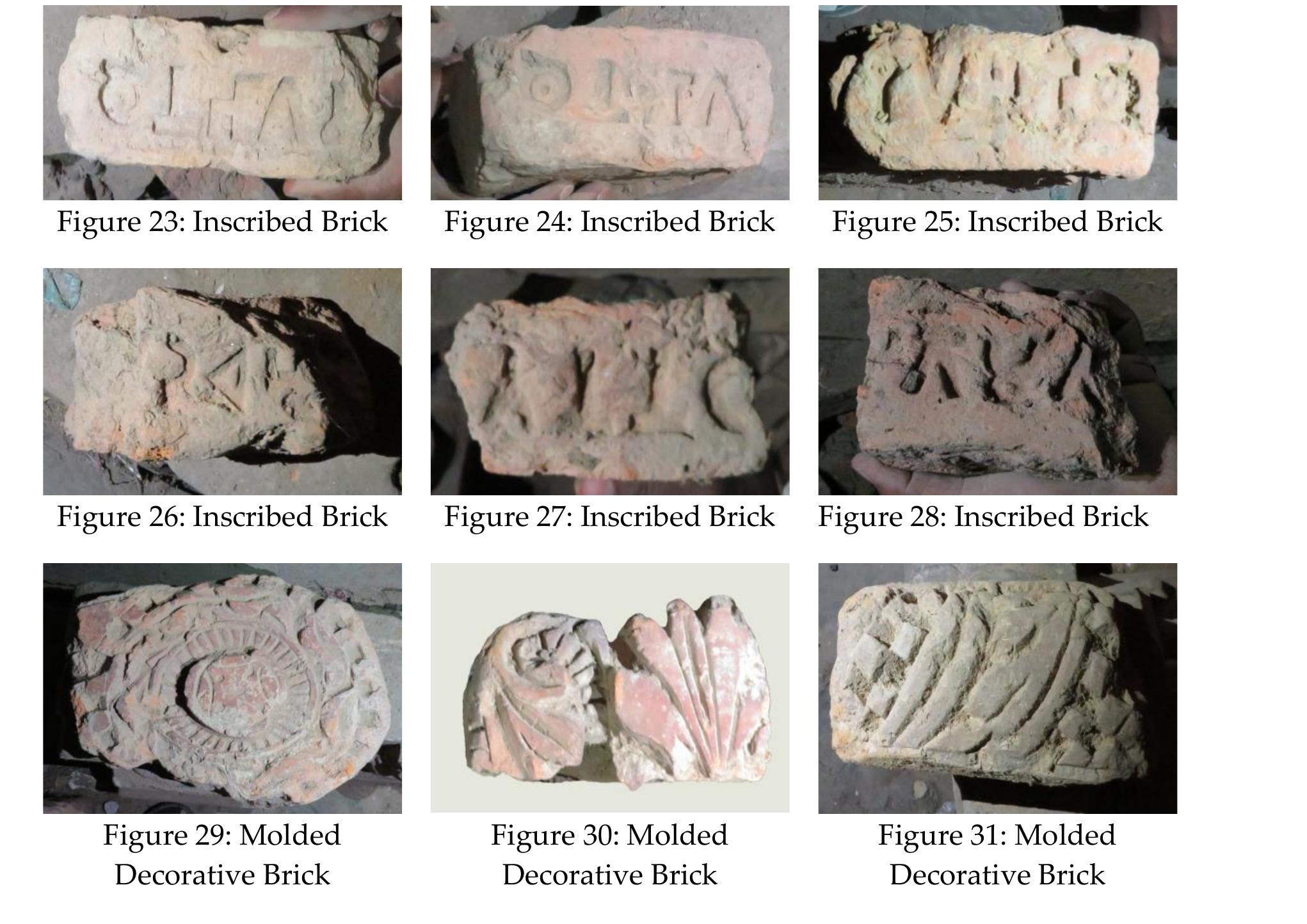 on a temple frieze. He is shown seated in maharajalilasana. In his upper left hand he  vanamala is also adorning him. He is bedecked with beautiful ear ornaments and a  Temple pillars (Figures 20a-d & 21a-d): Two temple pillars of about late Gupta period were also found in diggings at the Madan Mohan temple. The two pillars have different decorative carvings in different registers. But in the lowest register, both the pillars have eight different figures, one of them seems to be Skanda with spear and two are identifiable as horse riders. 
