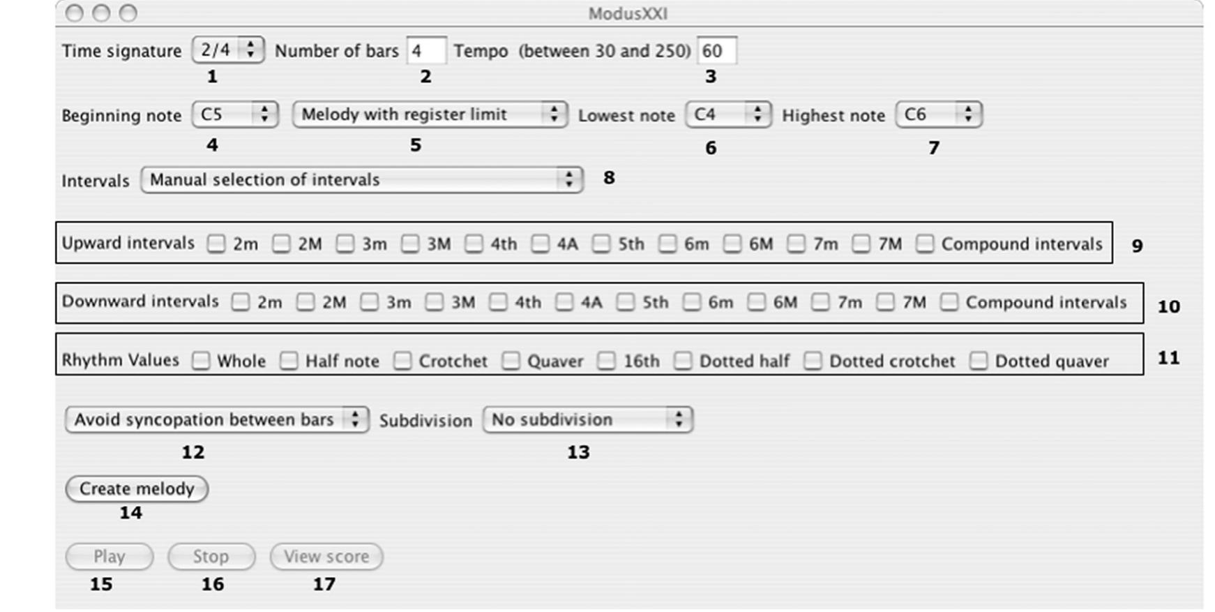 Figure 4. Main window of ModusxXxl. The main window of ModusxXxXI (figure 4) has two basic functions: Tempo (3). The melody playback speed _ in metronomic units (beats per minute) can also be specified. (60 bpm = one beat per second).