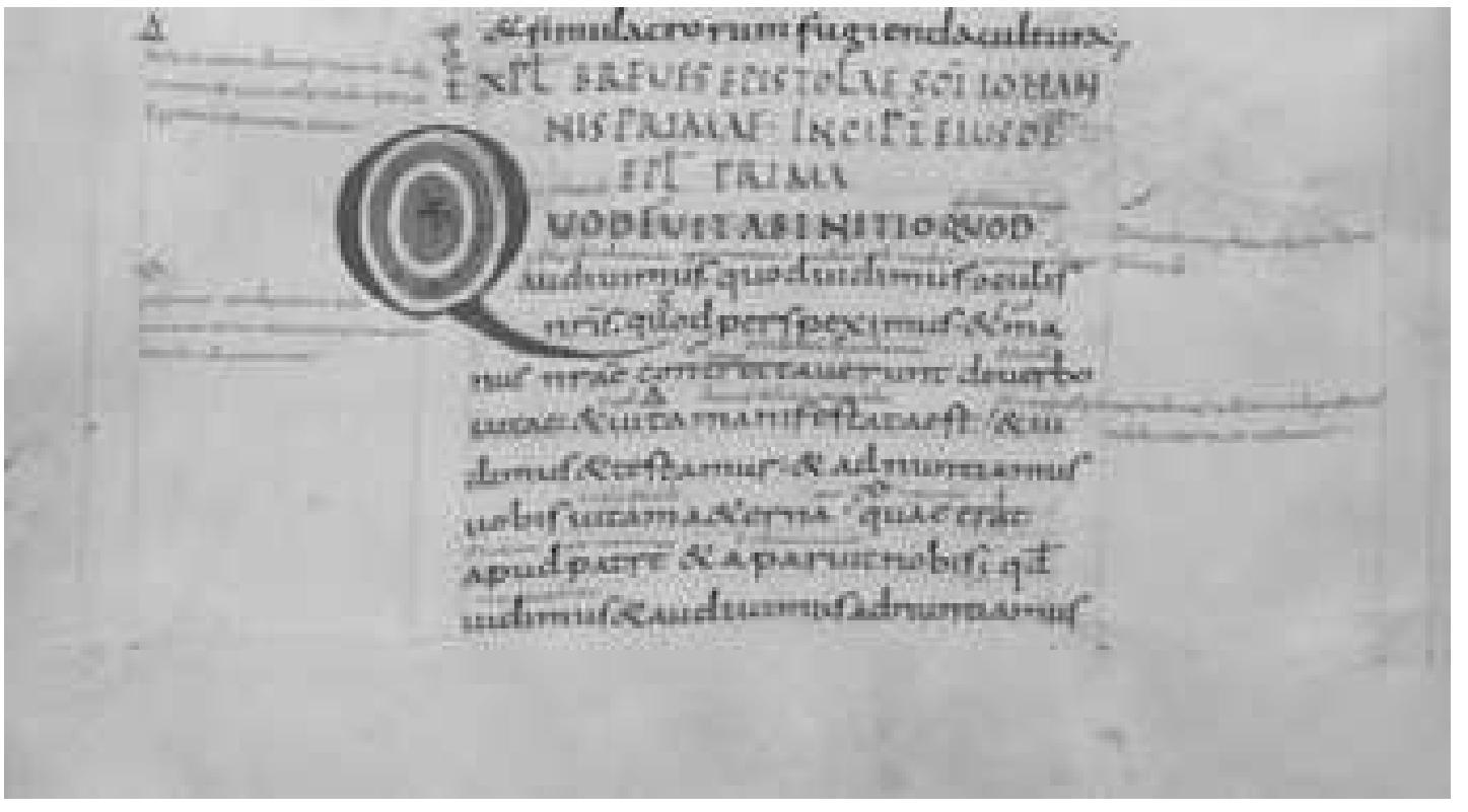 ig.4 Detail: MS Vienna, Osterreichische Nationalbibliothek, 1239, lower half of f. 136v.  Priscian’s /nstitutiones and is included by Kleiber among Otfrid’s autographs, as mentioned above. The last line accommodates a dating, namely 860 after Christ’s incarnation flanked by a R with a diagonal stroke, which means that  t  t  t  he information has been checked. Evidently, the purpose of such a table does  not concern the interpretation of the main text. Its entries seem to reproduce information which the glossator knew by heart: simple reckonings derived from  he exegesis of the Gospel of Matthew, lexicographic entries, a riddle recurring  elsewhere as probatio pennae. In such a context, the reference to the year 860 can be interpreted as a further mnemonic effort of the scribe and considered as  he year in which the glosses of MS Weiss. 47 were penned. If this is true, the  activity of this glossator is to be set in the same years as Otfrid’s, and MS Weiss. 47 should be regarded as a product of Otfrid’s circle. 