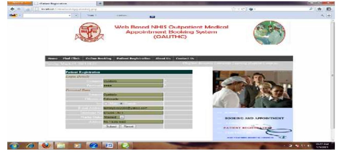 Figure 3: Patient Registration Menu  new user to use the system. This is the Menu that will be display as a confirmation Menu for the registration and this Menu can be print out by the patient and this is depicted in figure 4.