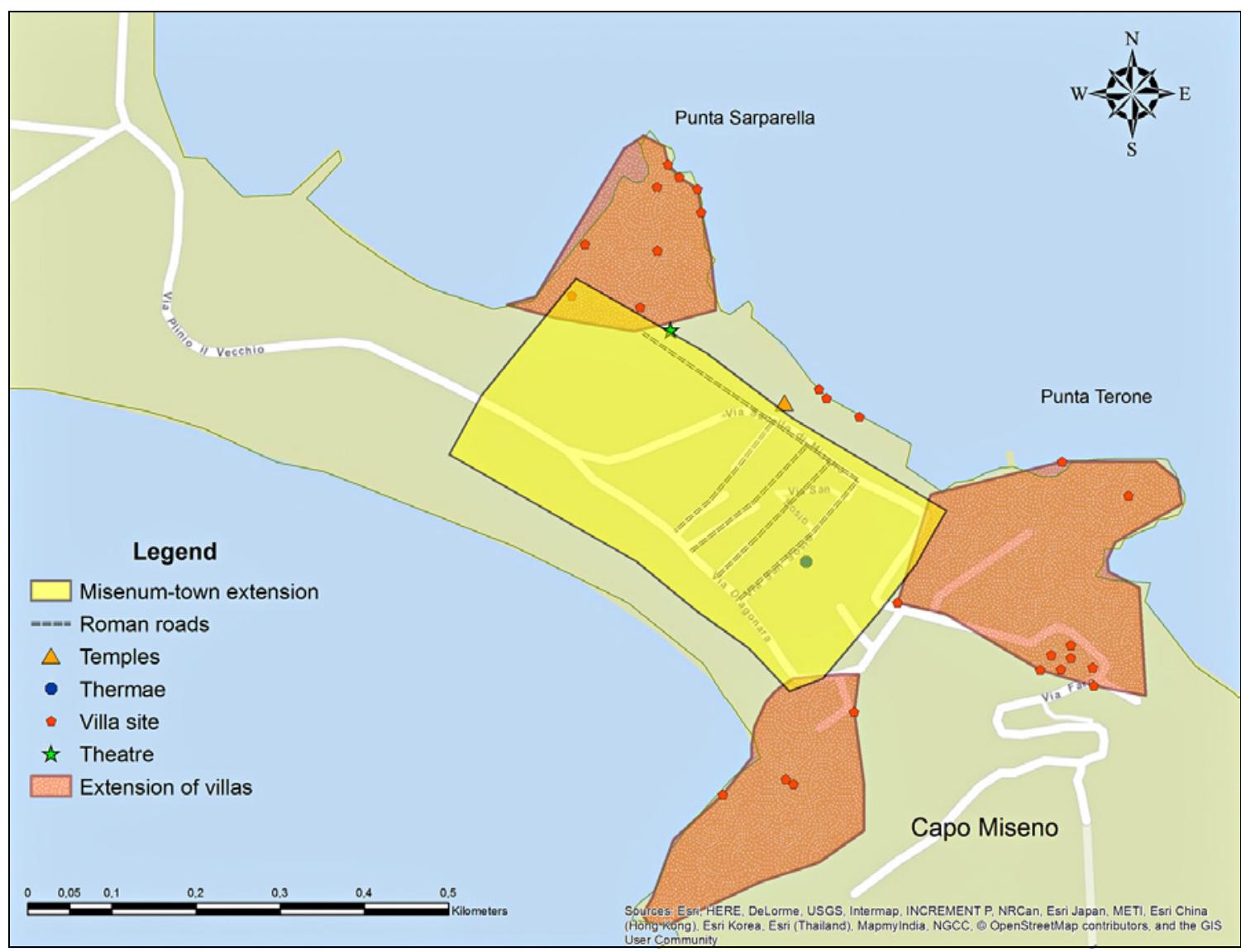 Fig. 4 - The supposed location of Misenum town centre.  actually disproportionate to a military camp (Fig. 4). It is legitimate to spec- ulate whether a re-calibration of the data is necessary, assuming the presence of a smaller castrum, only later extended over a wider surface, or if it was originally designed a very large camp to host a large fleet, being able from its origin to deal with the forthcoming urban growth of the new colony. Anyhow, what is striking — and that on one side may suggest the presence of a town planning strategy — is the evidence of a modern road network that might have traced that of the Roman time: a grid of perpendicular streets positioned at a distance of about 30 m that finds a comparison in the dimensional criteria of the nearby 2™ century BC coastal castra of Puteoli (GIALANELLA 2012, 348). 
