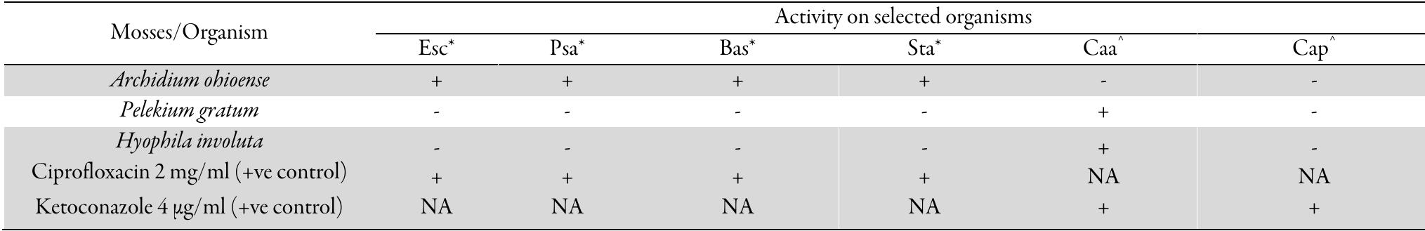 Table 5. Screening of antimicrobial activity of the Raffia palm wine extracts of Archidium ohioense, Pelekium gratum, Hyophila involuta against  different microorganisms  baenen? J  Esc = Escherichia coli; Bas = Bacillus subtilis; Sta = Staphylococcus aureus; Psa = Pseudomonas aeruginosa; Caa = Candida albicans; Cap = Candida pseudotropicalis; *— Bacteria, * = fungi, + = Presence of activity, - = Absence of activity, NA-— Not Applicable 