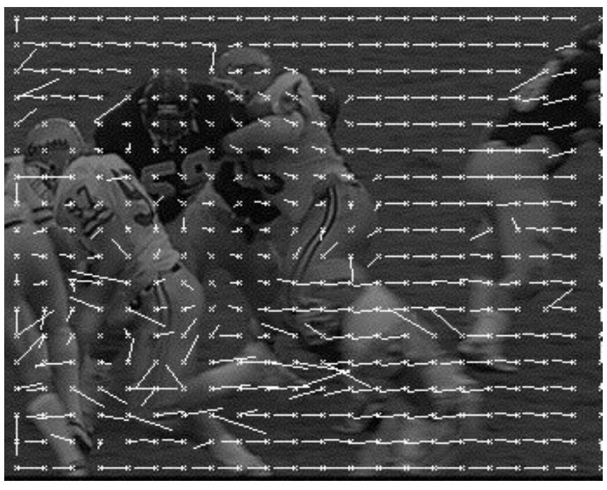 7. DISCUSSION  Figure 6. Motion vectors on the “football” test sequence  In our case, the CIF format is suitable, since the size of the frames is a multiple of the block size (16x16) that we use. We take in consideration 125 frames. Each of the frames extracted form the video sample is converted into the PGM (Portable Gray Map) format. Usually, in programming projects, PGM format is considered more suitable, because of the simple data process. The results can be observed in the image below (figure 6): the original frame with the superposed motion vectors. 