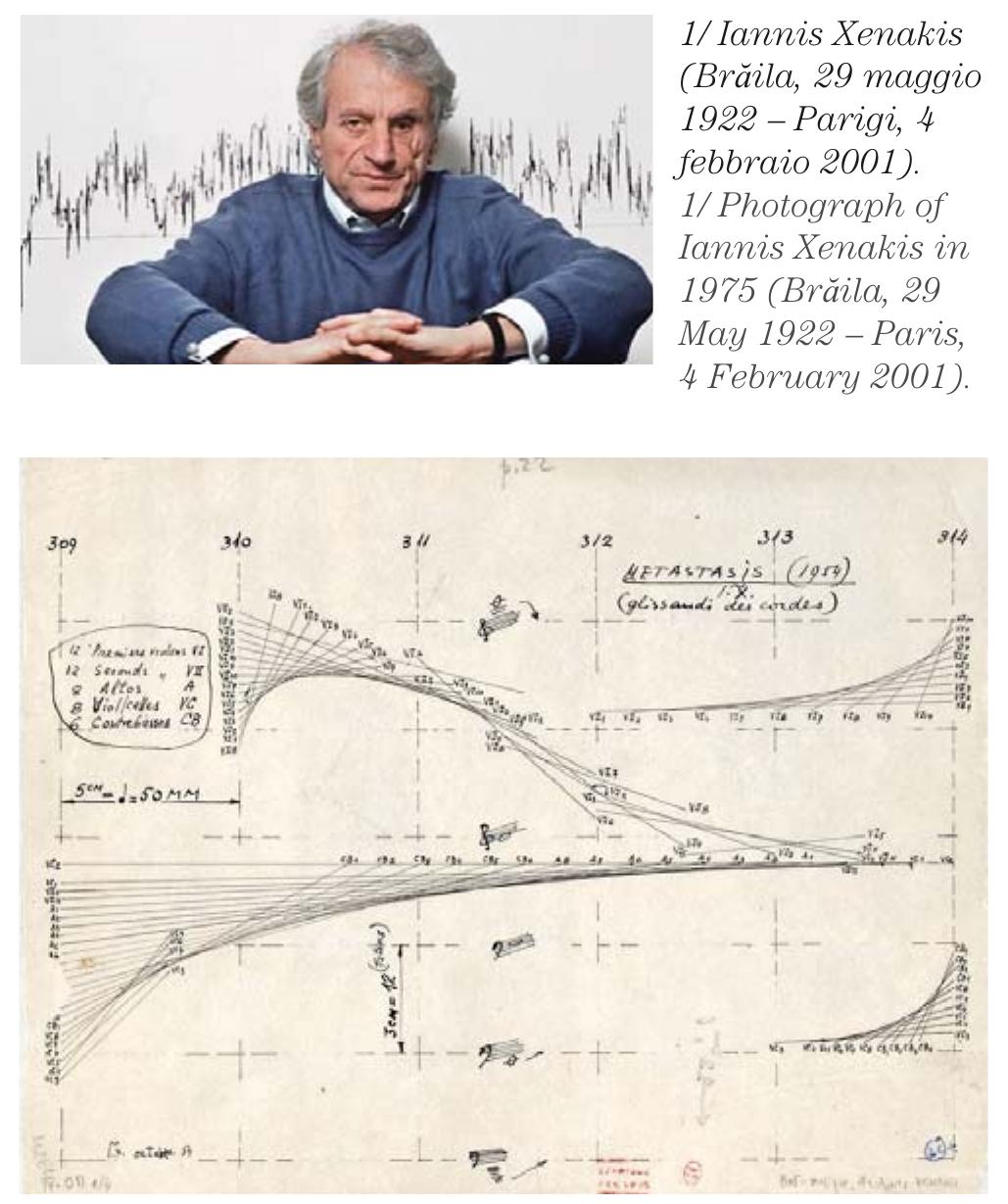 2/ Iannis Xenakis, studio per Metastaseis (1954). 2/ Iannis Xenakis, Metastaseis study (1954).  Iannis returned with his father to Greece, specifically to Athens, where he spent his youth. He was a student at the Polytechnic when, in 1941, the German inva- sion forced him to interrupt his studies. During the early phase of the civil war Xenakis participated in the Resistance and later fought against the British occu- pation. In 1946 he completed his studies and earned his degree as an engineer, however, his political activ- ity during the war had placed him on a blacklist. The following year he decided to emigrate, travelling to France, despite his original plan to move to the United States (fig. 1).  