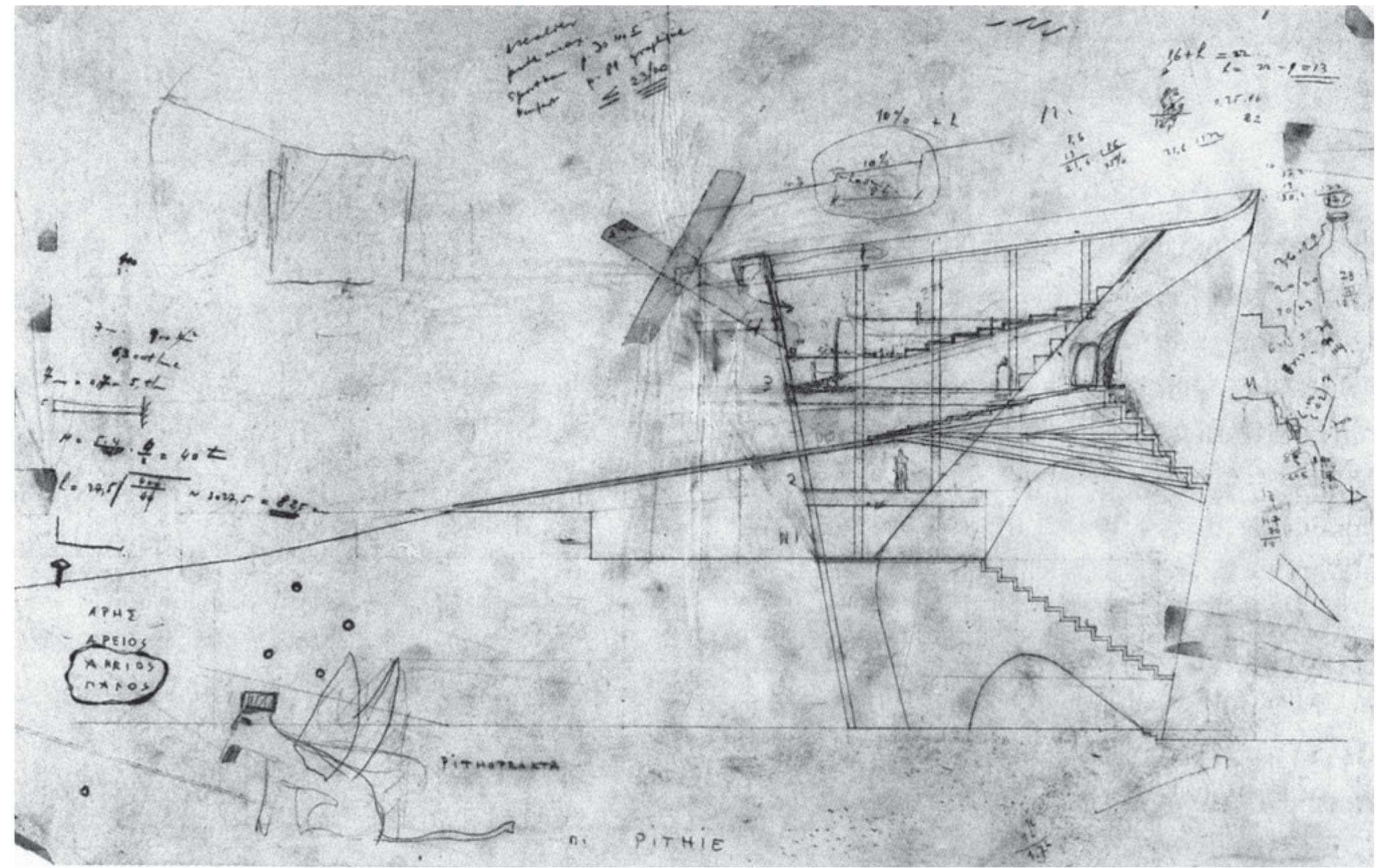 8/ Firminy-Vert, progetto per la Casa della Cultura (1956) e lo stadio (1965-68), disegno di lannis Xenakis, per integrare  la gradonata dello stadio con il retro della facciata della Casa della Cultura (1956); da notare come il detiaglio in basso a sinistra menzioni Pithoprakta (J. Xenakis, Musique de l’architecture ..., cit., p. 124).  8/ Firminy-Vert, project for the Maison de la Culture (1956) and stadium o (1965-68), drawing by Iannis Xenakis, to  integrate the bleachers of the stadiwm into the back of the facade of the Maison de la Culture (1956); it should be noted how the detail in the lower left refers to Pithoprakta (I. Xenakis, Musique de l’architecture ..., cit., p. 124). 