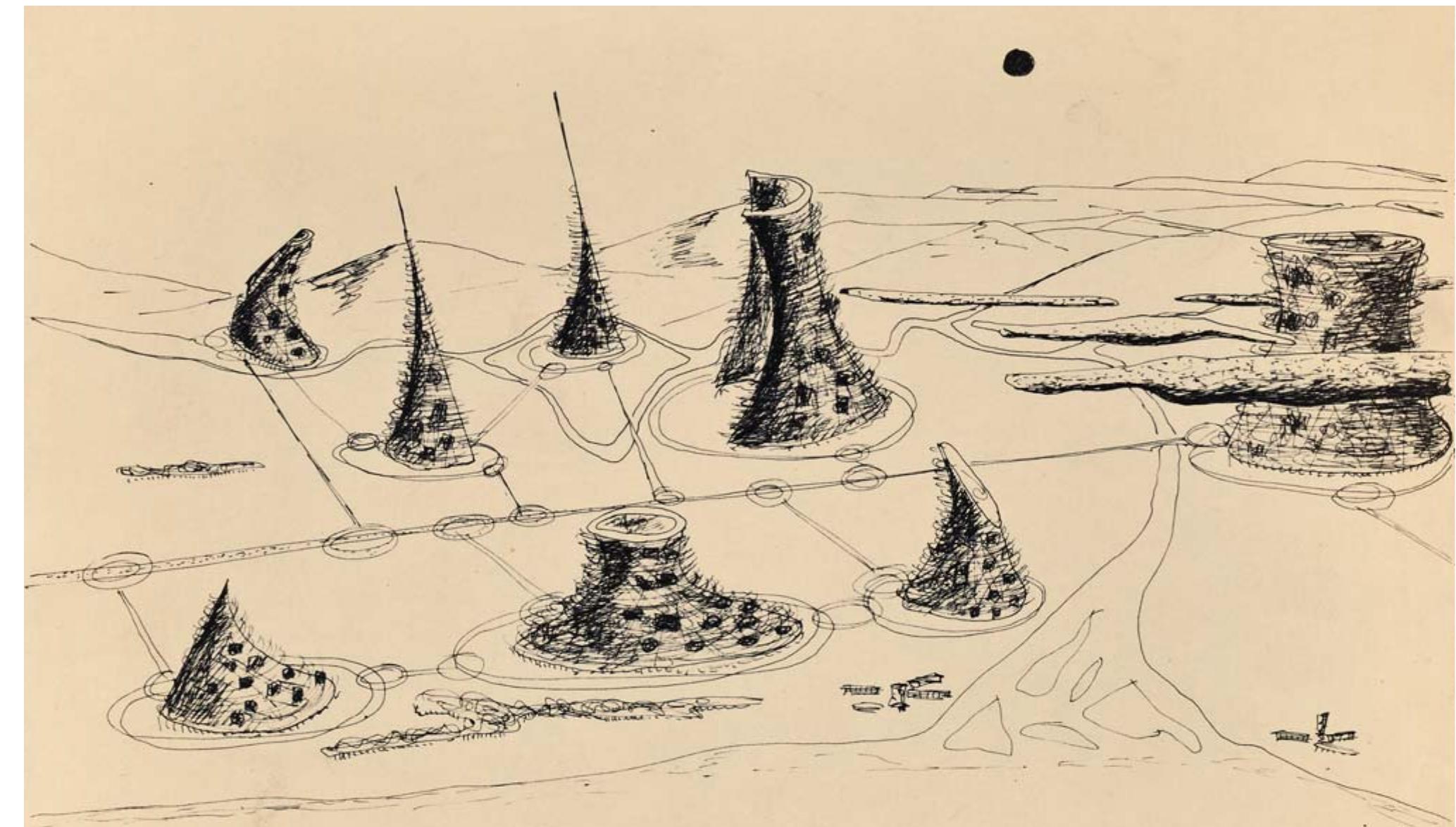 16/lannis Xenakis, progetto di Ville cosmique (1964), prospettiva aerea. 16/lannis Xenakis, Ville Cosmique (1964), aerial perspective. 