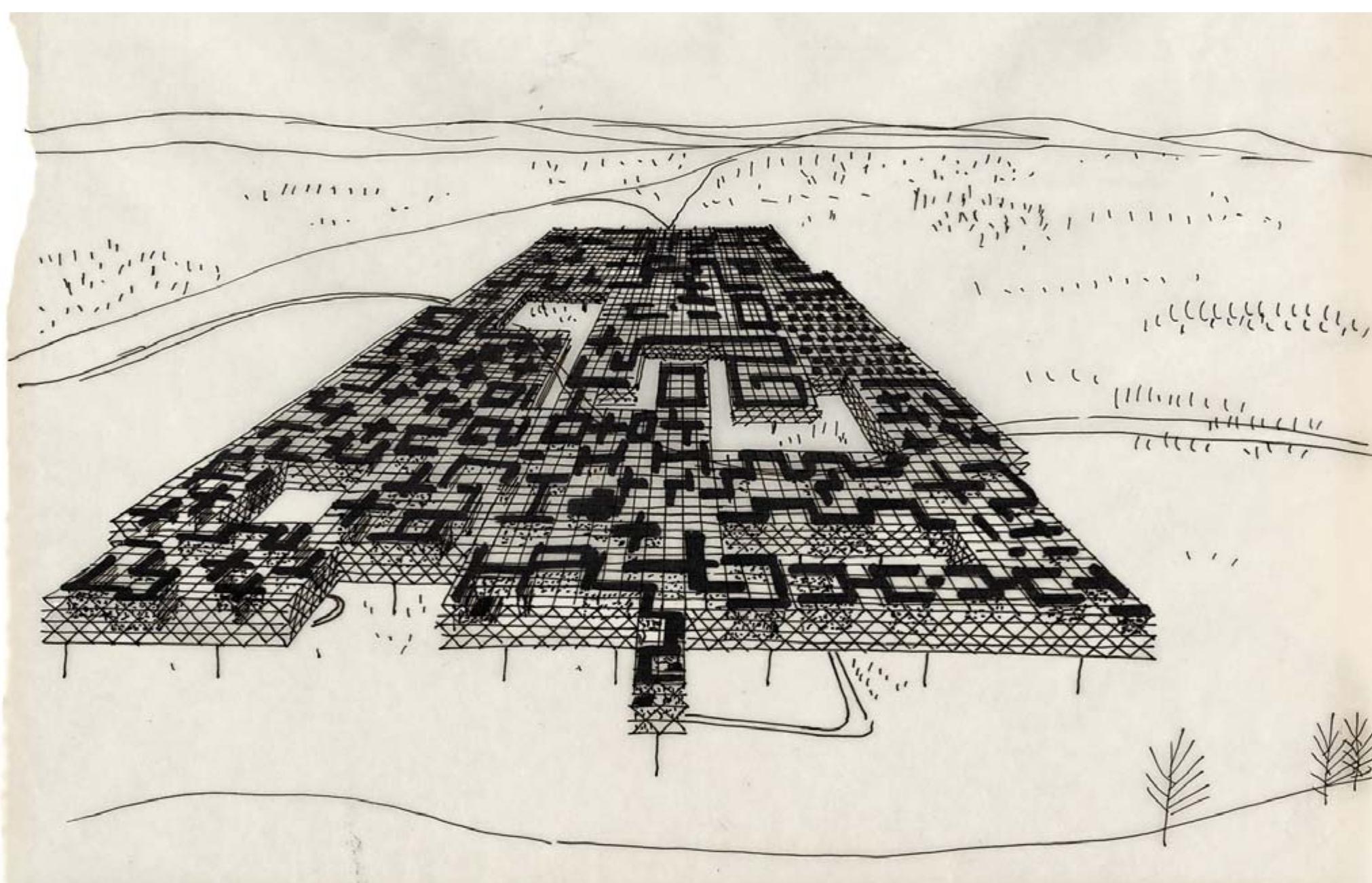 18/ Yona Friedman, progetto di Ville spatiale (1960), prospettiva aerea 18/ Yona Friedman, Ville Spatiale (1960), aerial perspective.  and materials, such as metal trusses, plastic elastic mem- branes and concrete shells. Substantially, during the development of similar projects, elementary geometry was substituted by much more open law of spatial order, while mechanical air conditioning technologies acquired an increasingly more important role.  Parigi® ed in particolare Michel Ragon con i suoi scritti®. Tutti, mossi dall’ansia determinata dalla crescita demo- grafica che lo stesso Ragon definiva “incubo dei nume- ri’, consideravano i luoghi aperti come mare e deserto alternative ai tradizionali siti insediativi. Iannis Xenakis non puod certo essere considerato uno “spazialista ur- bano” in quanto, come gia accennato, si era dedicato dal 1960 quasi completamente alla musica; tuttavia, con la sua proposta si dimostra estremamente sensibile nei confronti del tema della megastruttura che era in quegli anni al vertice dell’interesse delle progettazioni di set- tore®. 