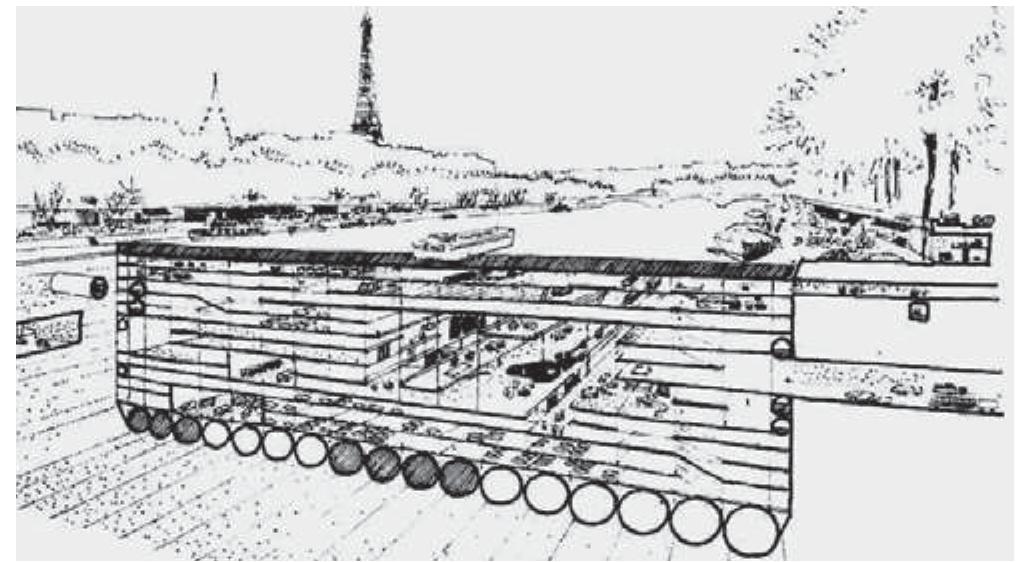 20/ Paul Maymont, progetto per Paris sous la Seine (1962), sezione prospettica.  20/ Paul Maymont, Paris sous la Seine (1962), perspective section. 