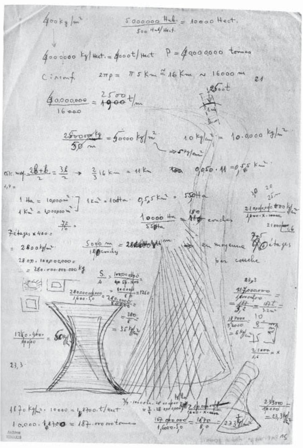 21/ Iannis Xenakis, progetto di Ville Cosmique, studio preluominare (1963-64) (I. XENAKIS, Musique de l’architecture way Cbs Sy 193).  21/ Iannis Xenakis, Ville Cosmique, preliminary study  (1963-64) (I. Xenakis, Musique de l’architecture ..., c2t., p. 193). 