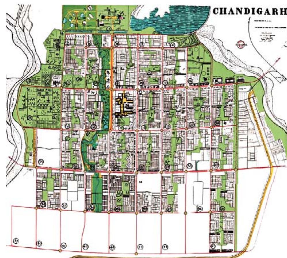 22/ Le Corbusier, progetto per la citta di Chandigarh (1951), planimetria generale. 22/ Le Corbusier, city of Chandigarh (1952), site plan. 