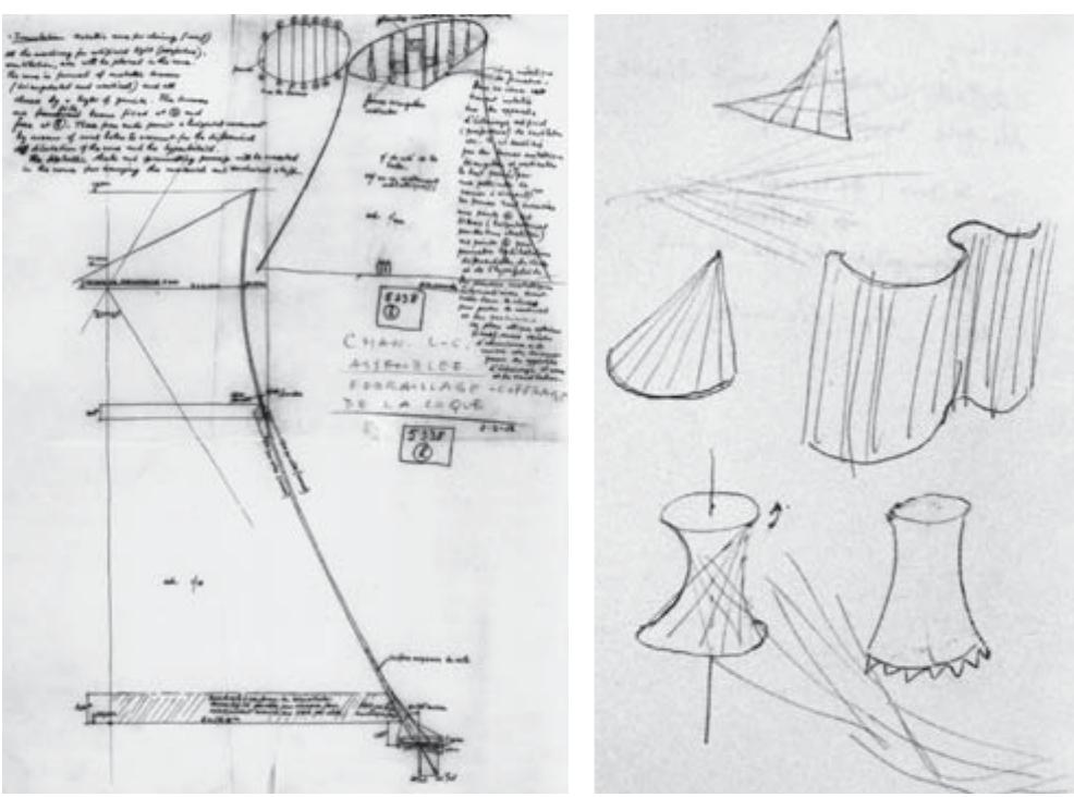 26/ lannis Xenakis, sezione iperbolica e dettagli della torre  del palazzo dell’Assemblea a Chandigarh (2 febbraio 1956; I, Xenakis, Musique de l’architecture ..., cit., p. 54).  26/ Iannis Xenakis, hyperbolic section and details of the  tower of the Palace of Assembly at Chandigarh (2 February 1956; I. Xenakis, Musique de larchitecture ..., cat., p. 54). 