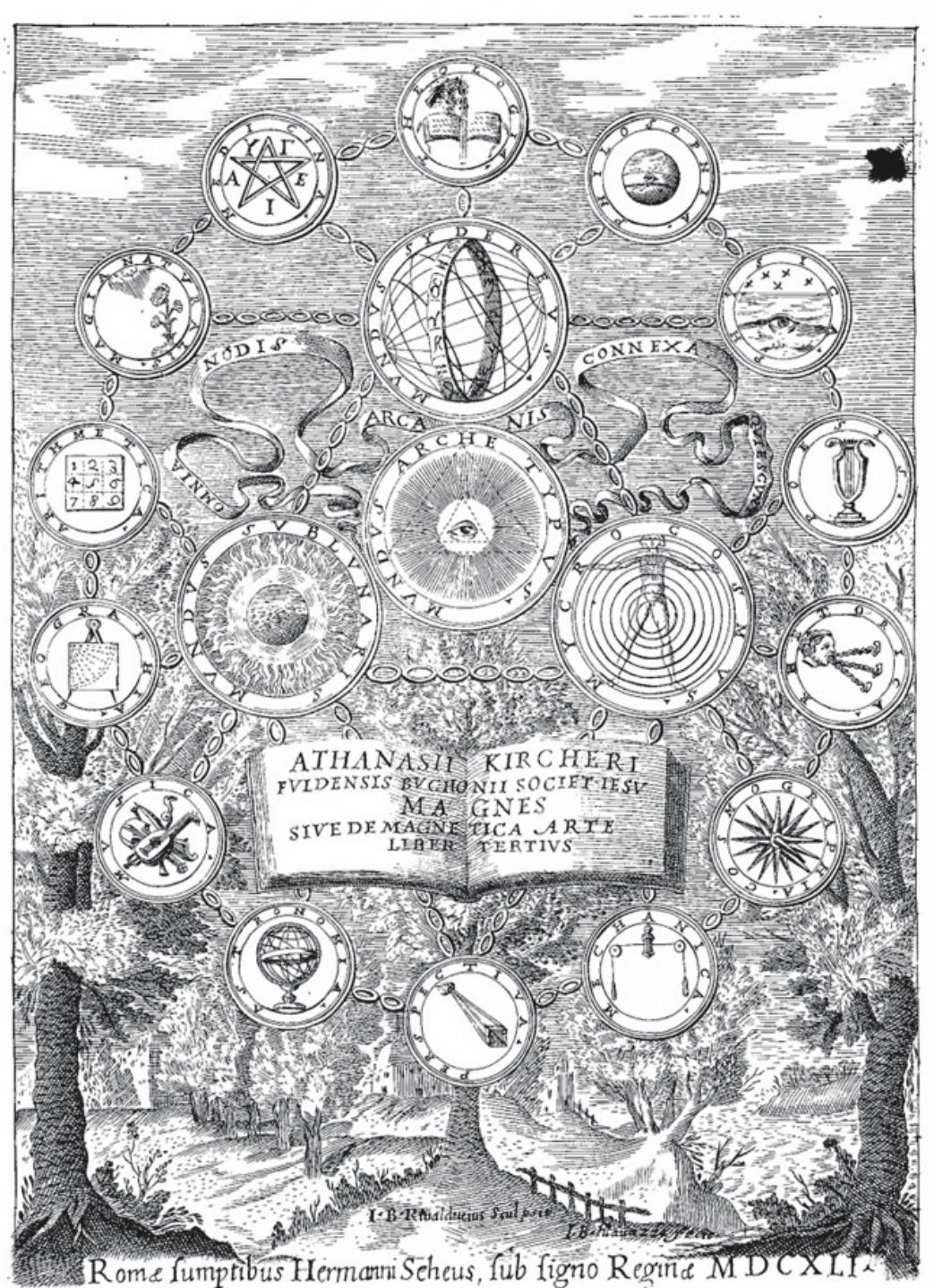 Picture 2: Magnes sive de Arte Magnetica  Arte Magnetica, published in 1641, which was also well known by Leibniz (A, II-1, 72-73; 158). As we can see in picture 2, this representation appears much more complex than the previous one. Here a circle with God’s Eye is placed in the center; this is named “Archetypical World” (Mundus Archetypus), and surrounded by three other circles, the “Sublunary World” (Mundus Sublunaris), the “Microcosm” (Microcosmus) and the “Sidereal World” (Mundus Sidereus). These are disposed triangularly, and mutually connected by a golden chain, which also links them to other fourteen external circles, representing arts and sciences. From the top moving clockwise, they are: Theology, Philosophy, Physics, Poetry, Rhetoric, Cosmography, Mechanics, Perspective, Astronomy, Music, Geography, Arithmetic, Natural Magic, and Medicine. Here again we find a cartouche claiming “everything rests connected through arcane knots” (Omnia nodis arcanis connexa quiescunt). The central location of God’s Eye might indicate a certain similarity to the image we are looking for, which portrays God as the very center of the universe. Nevertheless, this resemblance is only apparent, and, two elements suggest that, once again, this picture is not that mentioned by Mercer. 
