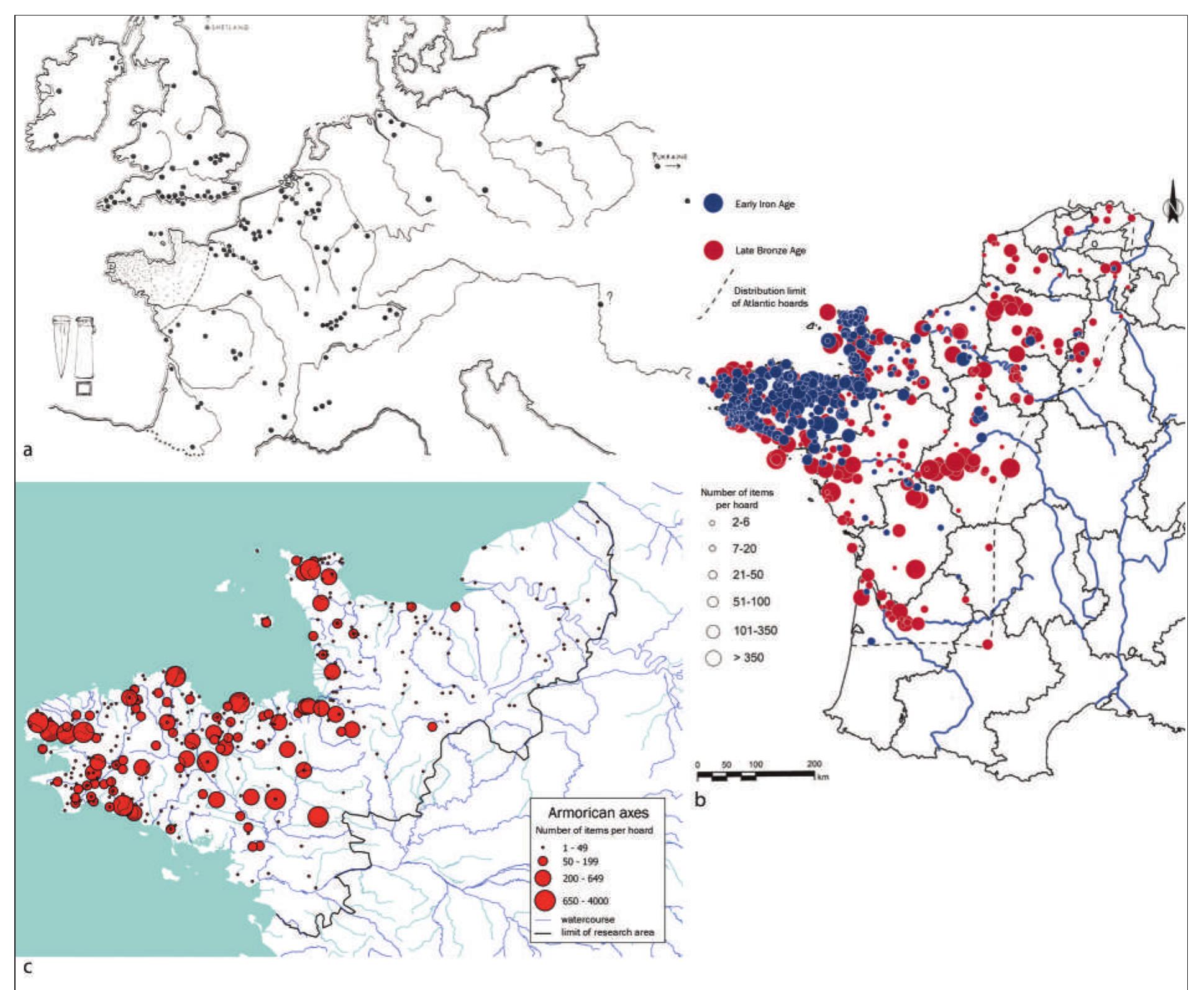 Fig. 1. Distribution maps of deposition practices in the Early Iron Age: c. Armorican socketed axes in North- western France and the Channel Islands according to E. Tribouillard (2016, 60, map 14), b. Early Iron Age deposits in France according to P.-Y. Milcent (2017, 713, fig. 1), a. Armorican socketed axes presumably found in Europe (Briard 1965, 281 fig. 107).