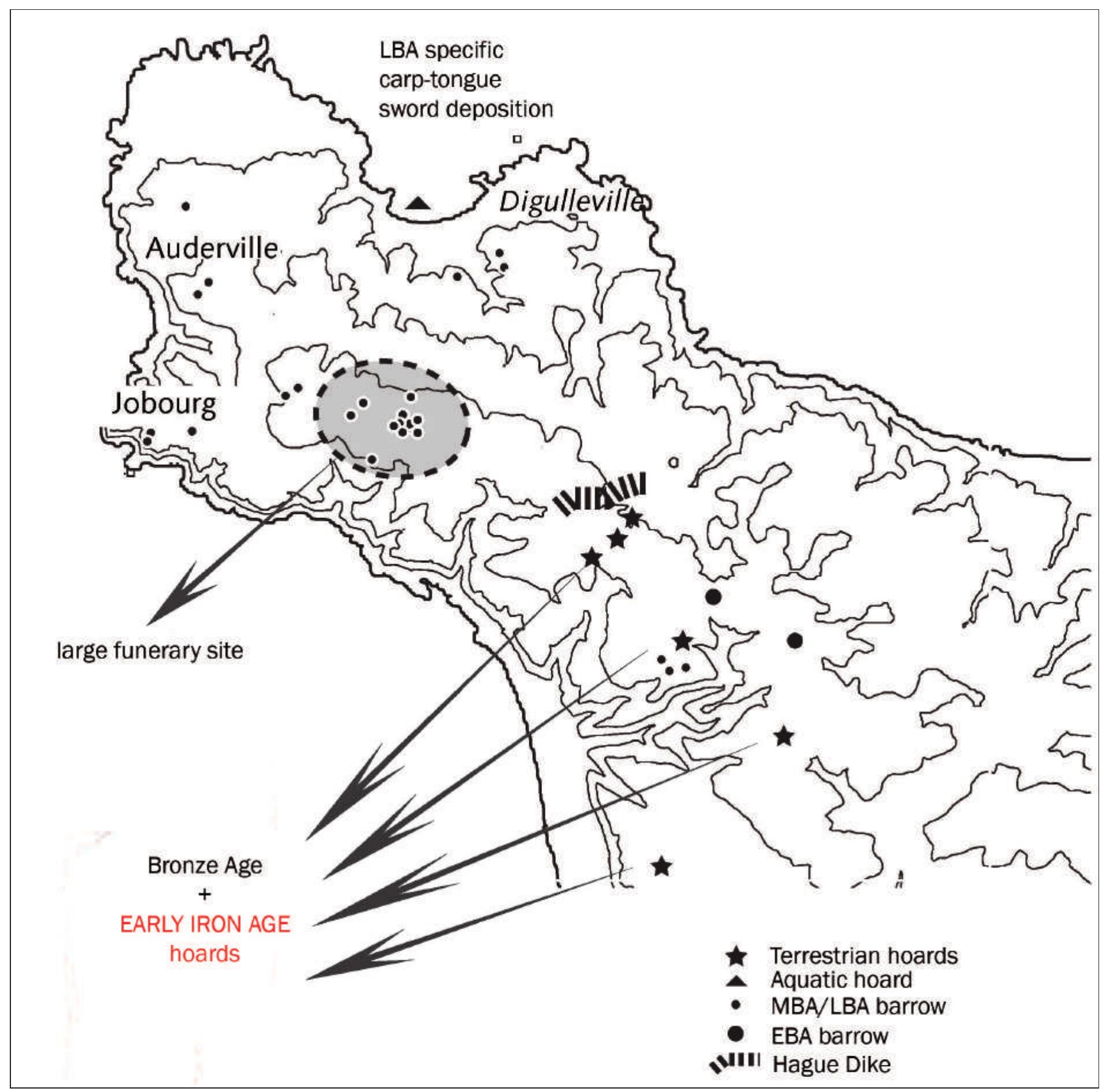 Fig. 9. Bronze Age landscapes around “Hague Dike” according to C. Marcigny (graphics: G. Cabanillas de la Torre after Marcigny 2012, 609 fig. 11). 7 = Gabrovec 1966, Taf. 1,9-12.14-16 [o. M.]; 8 = Verf.). 