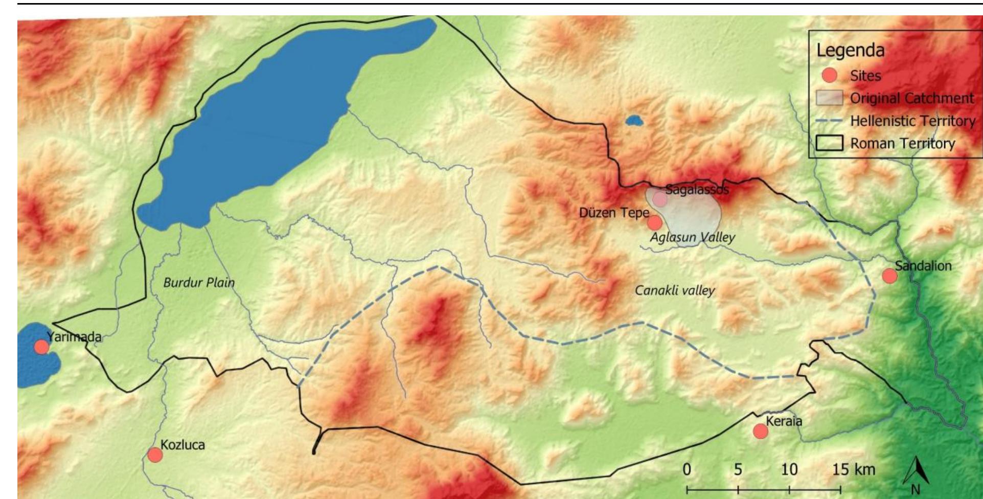 Figure 6: Map of the territory of Sagalassos in middle Hellenistic times compared with its initial catchment area in (late) Achaemenid times ((© Sagalassos Archaeological Research Project).  Figure 6: Map of the territory of Sagalassos in middle Hellenistic times compared with its initial 