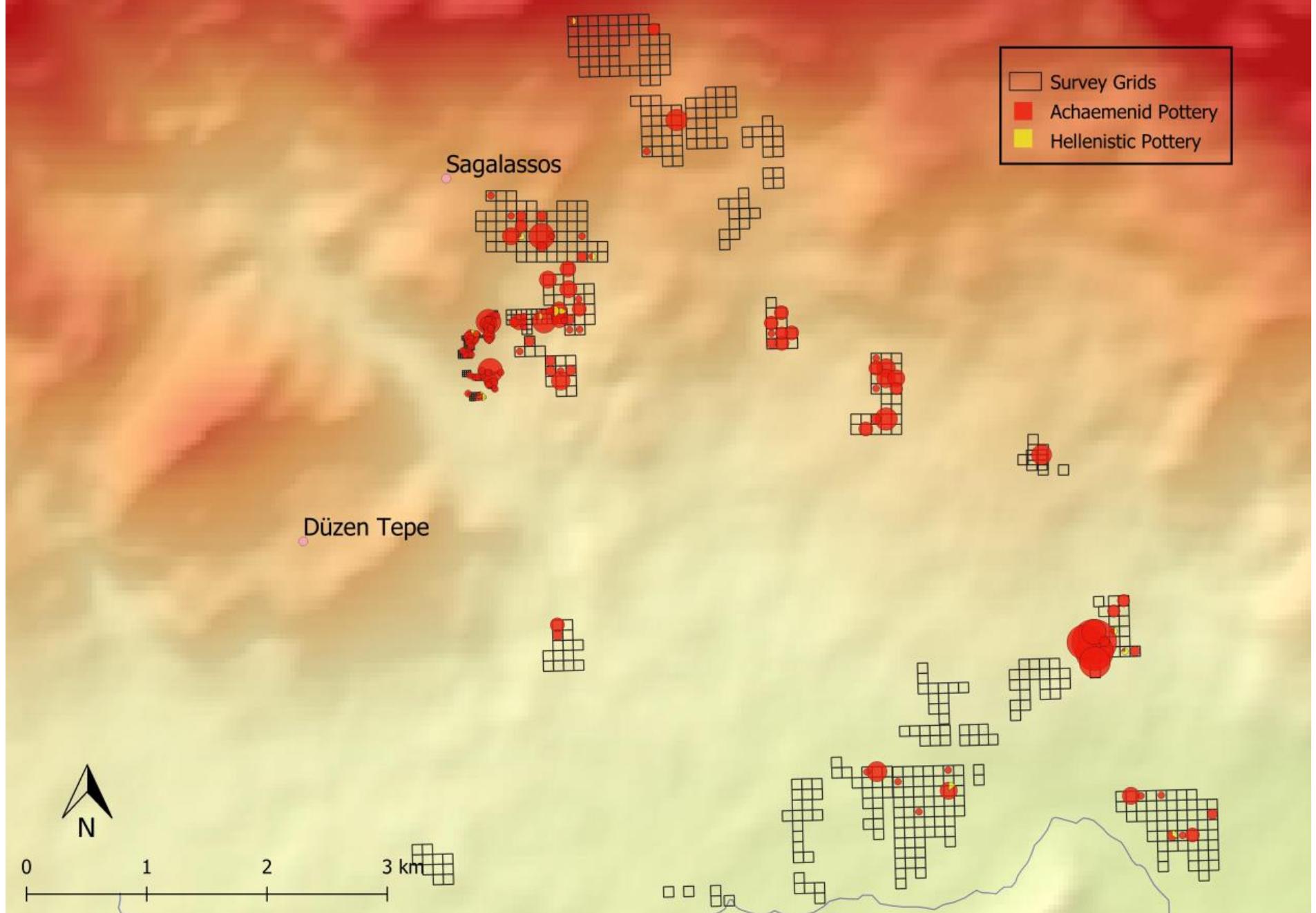 Figure 7: Figure comparing site numbers in rural areas from late Achaemenid and Hellenistic times in the Central Aglasun valley (© Sagalassos Archaeological Research Project). 