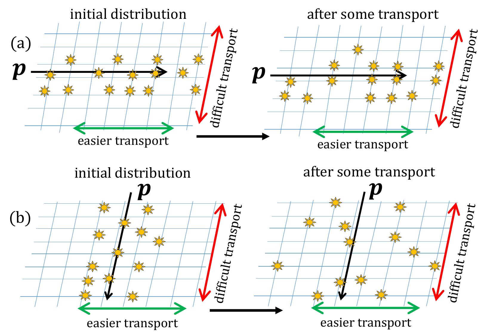 Fig. 15. Illustration of excitation transport over time when excitations are populated by a proton recoil p along crystal axes with (a) easy transport or (b) difficult transport. In each, the left cartoon illustrates the initial excitation distribution and the right cartoon illustrates the distribution after some time has passed and excitation transport has occurred. In (a), the density of excitations remains high over time as the excitations move within their initial spatial distribution, while in (b), the density of excitations drops off over time as excitations move away from their initial spatial distribution. In (a), one would observe higher rates of SIQ and TTA over time, leading to a lower Panda higher D. 