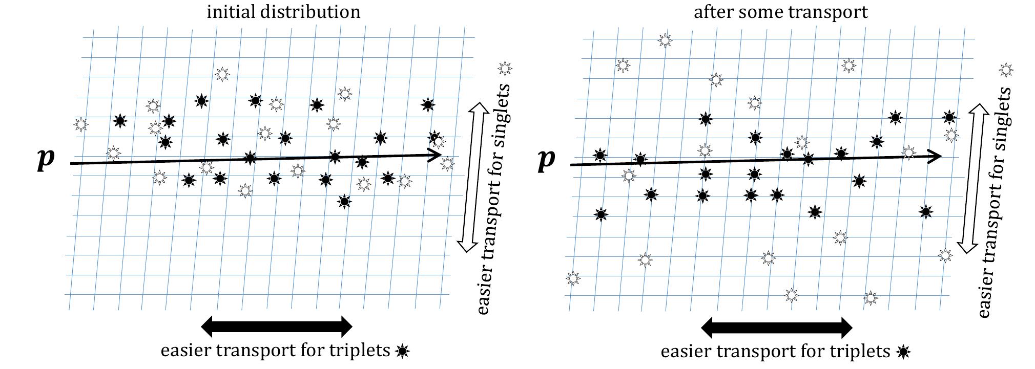 Fig. 16. Illustration of excitation transport over time when excitations are populated by a proton recoil p along a crystal axes with easy triplet (filled) transpor' and difficult singlet (open) transport. After some transport has occurred, the triplet excitation density remains high while the singlet density has dropped leading to higher rates of TTA and lower rates of SIQ. This may lead to P and D being in sync. 