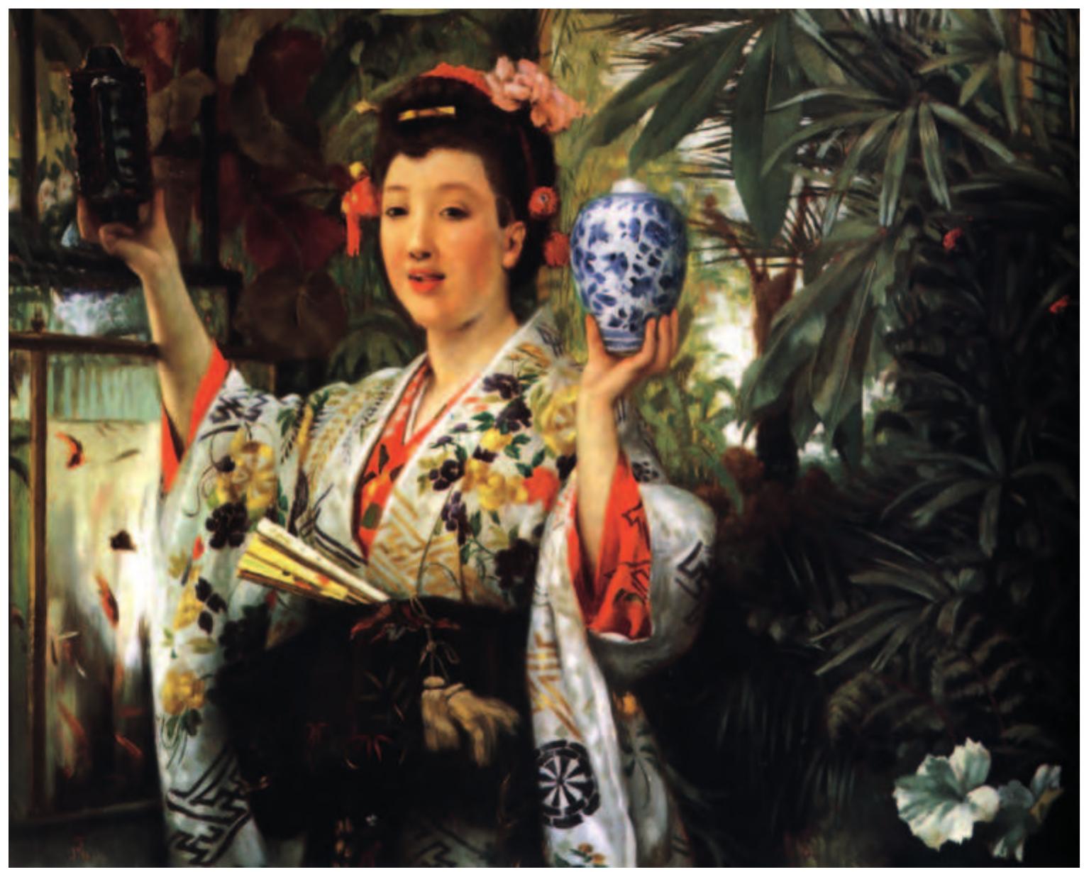 signi  ficant intellectual contributions.”  Despite being conversant in Japanese culture and the language (unlike Burty, who did  nots  peak Japanese), and her influence on  the career of such artists as James McNeill Whistler, she was considered a mere  shop  keeper and often described as though  she were a ‘two-dimensional subject for the male gaze’ (p.1). By reconstructing the cultural weight of Desoye and her female contemporaries, the author puts the Parisian Japoniste milieu in a new light.  5. Young woman holding a Japanese vase (The Japanese vase), by James Tissot. c.1870. Oil on canvas, 36.5 by 40.5 cm. (Private collection).  work of d’Ennery’s husband, Adolphe (181- 99). More than a century after the museum’s opening, this book is the first monograph to bring Clémence to attention as the creator of an institution that she designed in concert with the politician Georges Clemenceau,  the architect Emile Deshayes and Guimet. 