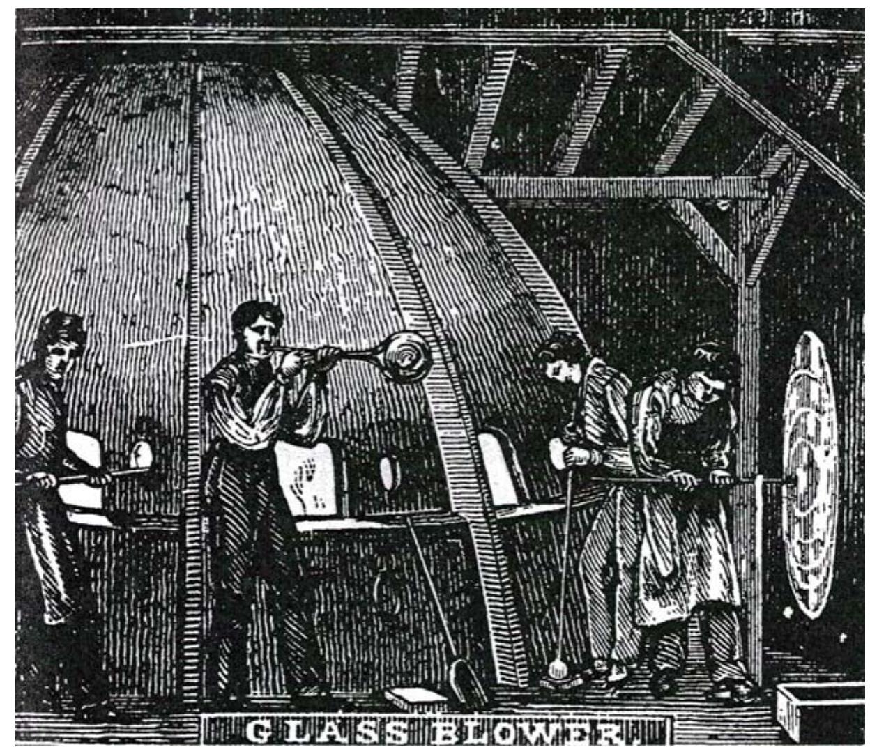 Figure 5.1. Wood engraving depicting craftsmen making crown glass. Source: Edward  Hazen, Popular Technology; or, Professions and Trades (New York: Harper and Brothers, 1843), 178. 