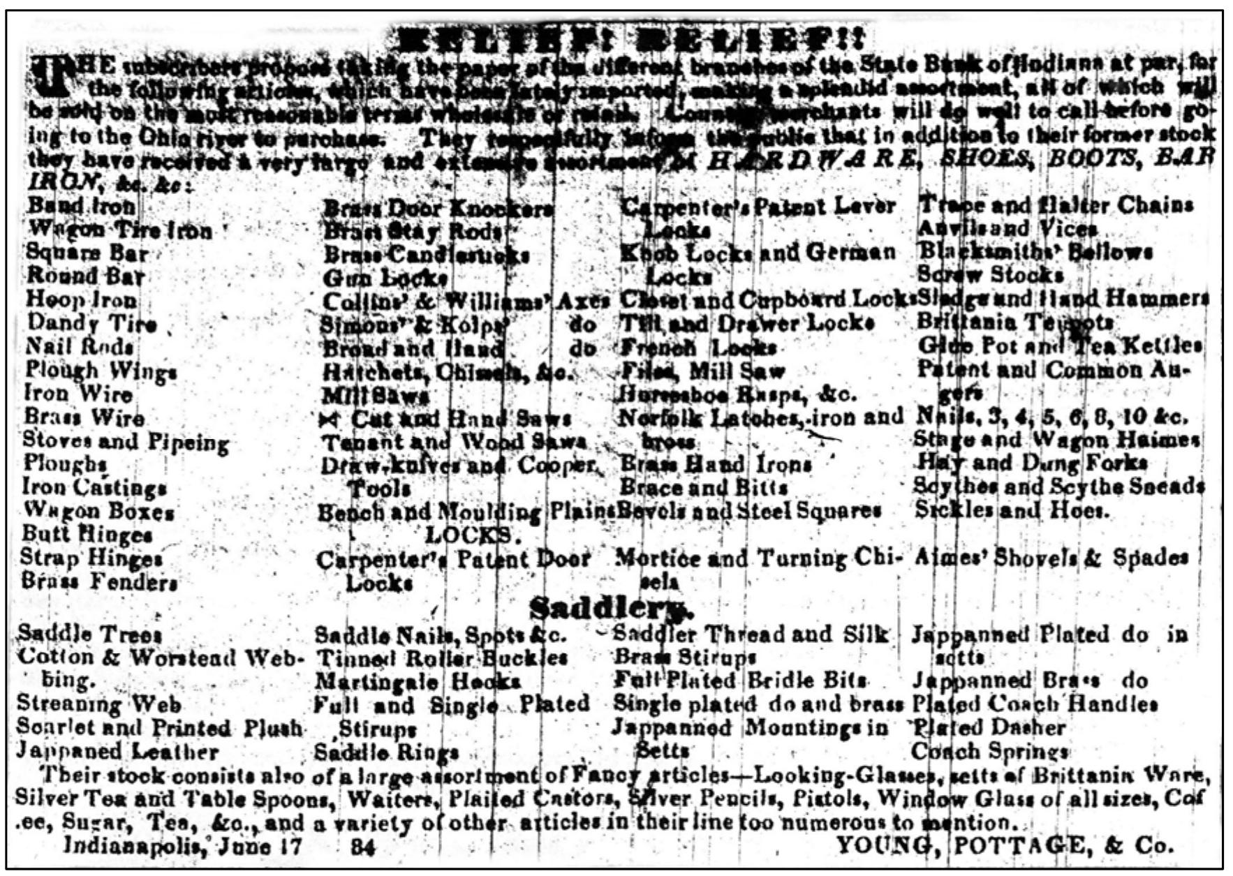 Figure 6.15. Advertisement for architectural hardware, including Carpenter locks and  latches, German locks, and French locks. Source: Advertisement placed by Young, Pottage, & Co., Indiana Journal (Indianapolis, IN), December 16, 1837:4. 