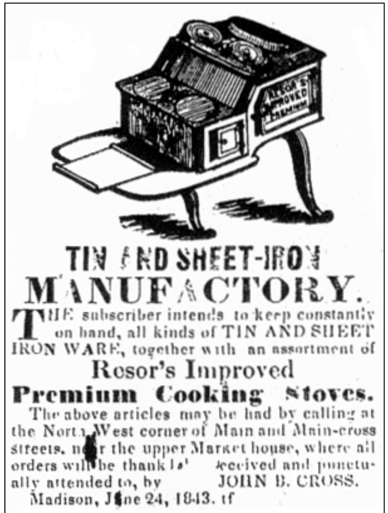 Figure 7.4. Advertisement for Resor’s Improved Premium Cooking Stove. Source: Advertisement placed by John B. Cross, Madison Courier (Madison, IN), September 7, 1844:4. 