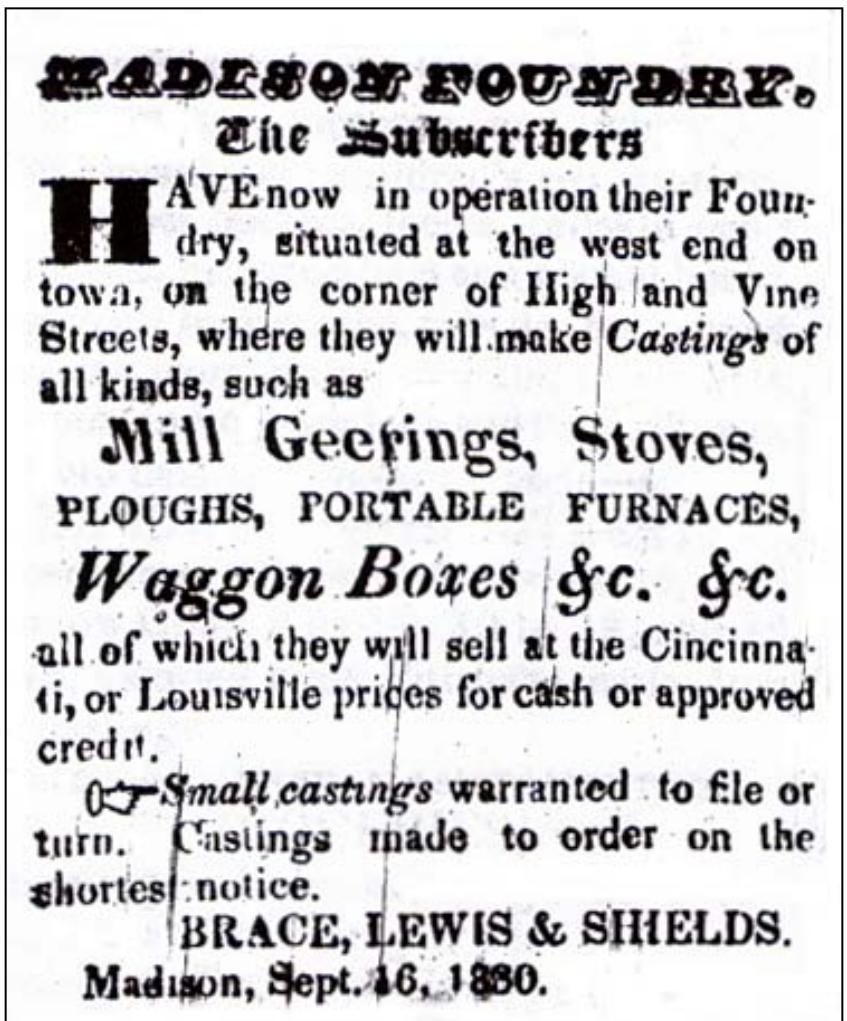 Figure 7.6. Advertisement for stoves and portable furnaces manufactured by the Madison  Foundry. Source: Advertisement placed by Brace, Lewis & Shields, Indiana Republican (Madison, IN, September 16, 1830:3. 