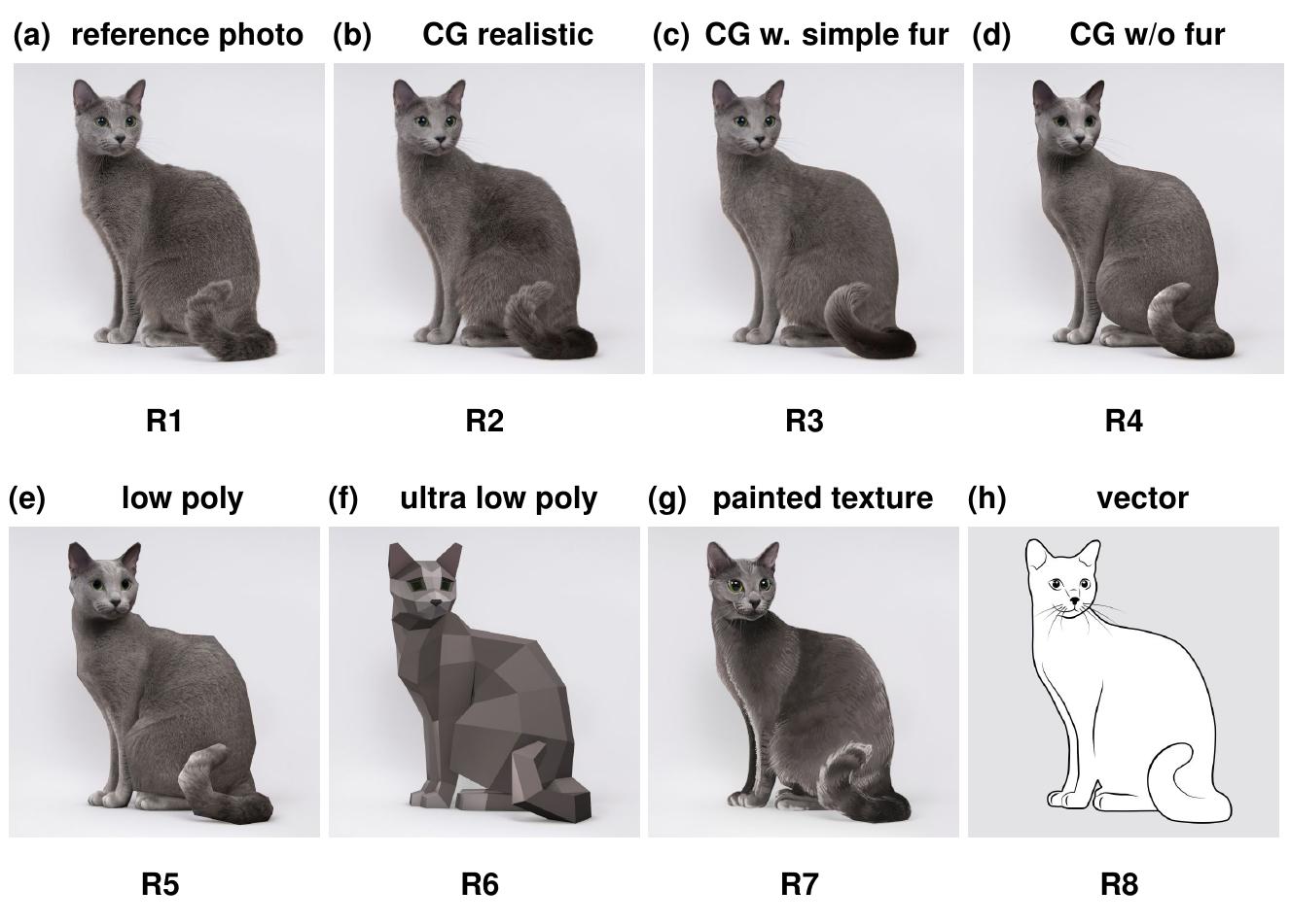 R1 R2 R3 Geometry 3: cat depictions in different levels of realism. the first