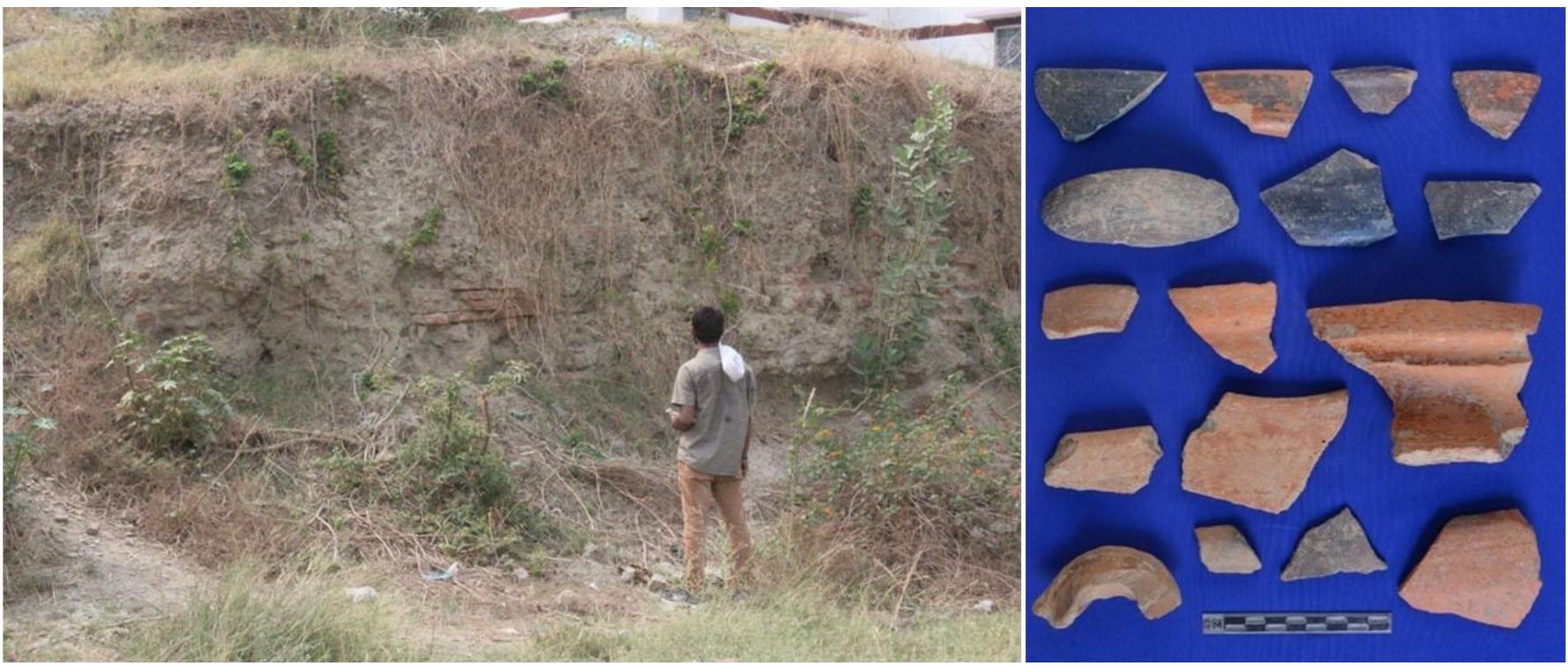 Figure 13: General view of Sarsawa and Pottery  Sarsawa (Lat. 2593914” N; Long. 82°94’47” E): Sarsawa mound is situated in th Sarsawa village in Harhua block Varanasi district. The site of Sarsawa is inside Primary school (Figure 13). It is approximately from 300m east of Shindaura Road an: near about 400 m from Babatpur road. This is medium preserved mound wher potsherds are found is surface. In the section Kushana Bricks are present in the sectio: cultural period is clearly visible. This site is approx 31,890 m?(7.8801 acres). On th northern slope of the mound, a small open temple “Dish Baba” is constructed where sculptures of Vishnu, Mahishasur, mahishmardhani, and Votives temple is present. | mainly a pre-Sunga-Kushana and Sunga-Kushana site which is represented b potsherds of NBPW, Black Slipped Ware, Red Slipped Ware and Grey Ware, th dominating shapes are a vase, bowl, disc, basin vase with flaring rim (Figure 13). 