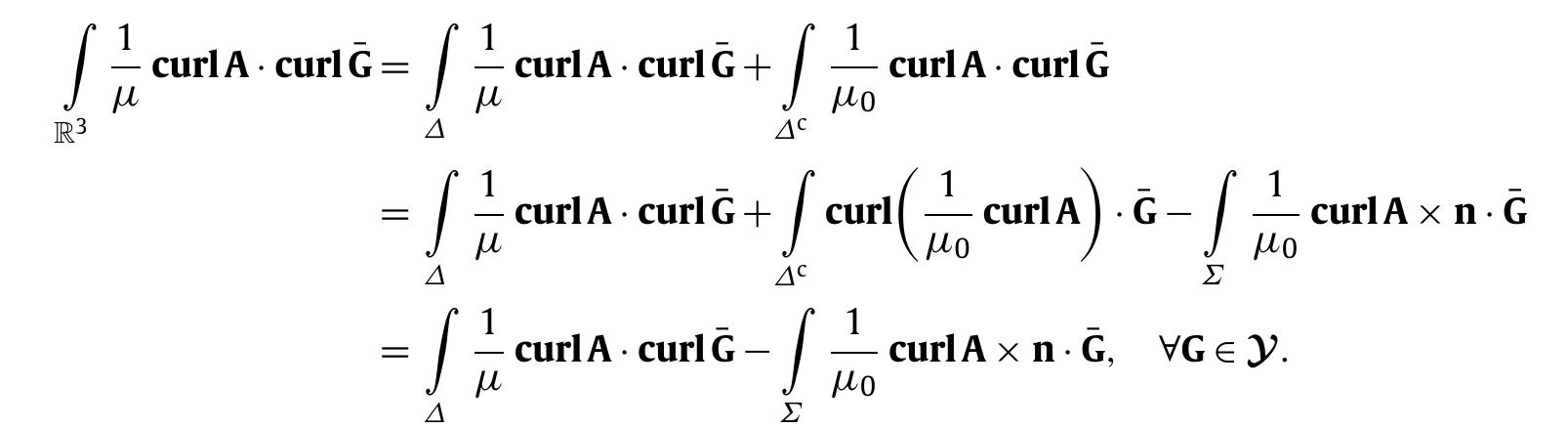 where /4o denotes the vacuum magnetic permeability. Then, by using a Green’s formula in A‘, we have  Thus, the first equation of problem MPI can be formally written as:  In order to solve the problem MPI by using a BEM/FEM technique, we are going to write this problem in another form involving only the values of the magnetic vector potential A in A and on its boundary 2. To attain this goal we first notice that the field 7 curl A, which is the intensity of the magnetic field, belongs to ¥, and then its tangential trace + curlA x n  LL is continuous across >’. Besides  We notice that the value of (1/j9) curlA x n on X can be determined by solving an exterior problem in A‘. We refer the reader to [19] for the analysis of a BEM/FEM eddy current formulation in terms of the electric field involving this boundary term. However, in this paper, we are more interested in the numerical solution of the problem in an axisymmetric domain A and therefore, we will consider a cylindrical coordinate system (r,6,z) with the z-axis coinciding with the symmetry axis of the device. Hereafter we denote by e,, eg and e; the local unit vectors in the corresponding coordinate directions. 