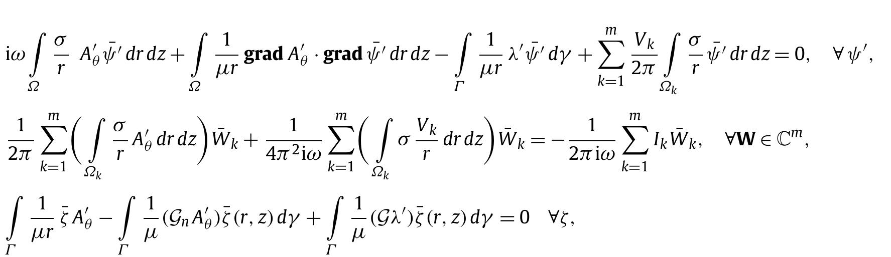 where G and G, denote the fundamental solution of Laplace’s equations and its normal derivative in cylindrical coordinates (see again [8], Eqs. (55), (56)).  Then we are led to solve the following weak problem:  a a  The term /,. fig d(rAg)/dnw dy can be transformed by using the single-double layer potentials; we refer the reader to [8] for the details concerning this transformation and introduce the same notation of that paper, 