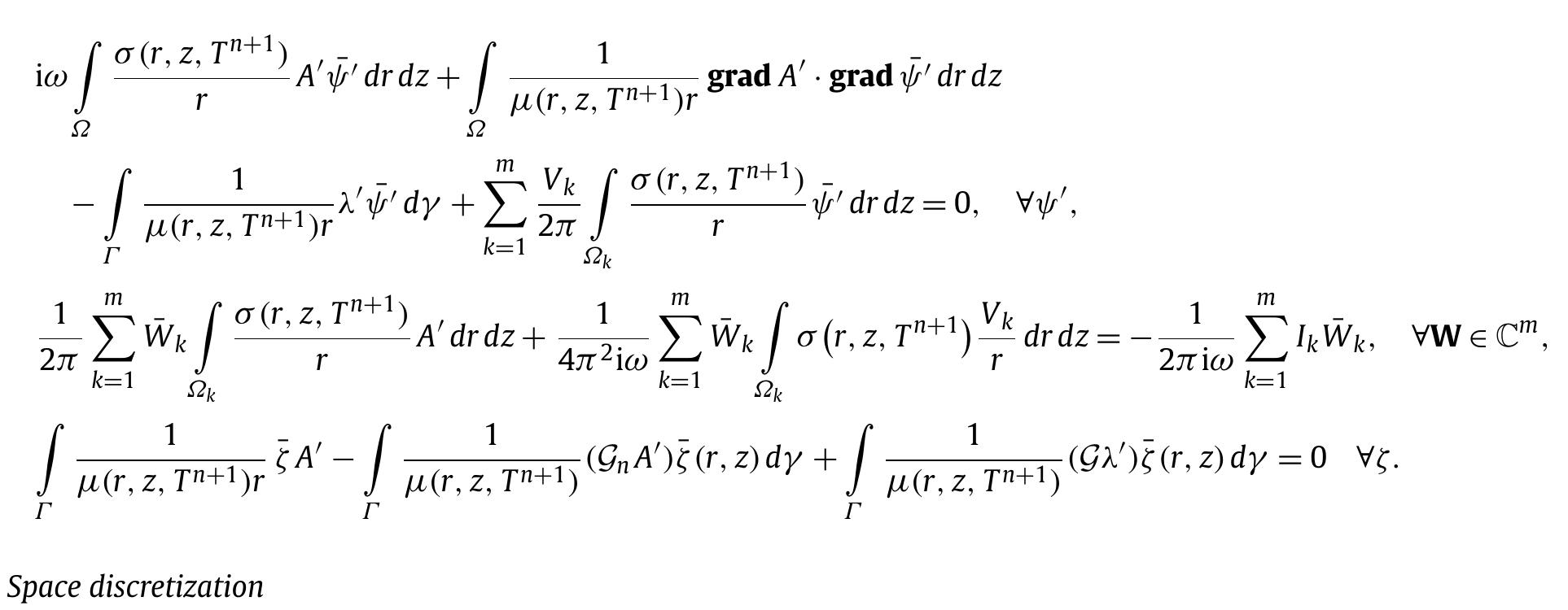 Problem WEP. Given I= (11,..., Im) € C™, find A’: 2 > C, Ve C™ and A’: F > C such tha  Problem WIP has been spatially discretized by a piecewise linear finite element method defined in a triangular mesh of the workpiece domain (29. On the other hand problem WEP has been spatially discretized by a finite and boundary element method (see [8] for further details). Problem WHP has been spatially discretized by the finite element couple P;-bubble/P1,  which is known to satisfy the inf-sup condition (see, for instance, [12]). We should also remark that the hydrodynamic problem is only solved in the liquid domain (2;, which must be computed at each time step.  Finally, an approximation of field A at time tt! is determined as the solution of the weak formulation obtained in section 2: 