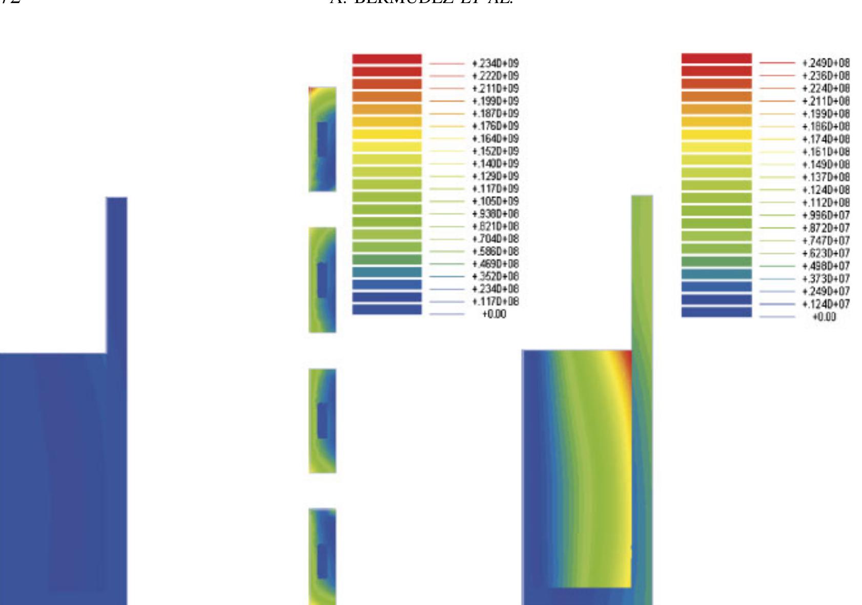 Figure 9. Modulus of induced current in the system (left) and detail in the workpiece (right). 