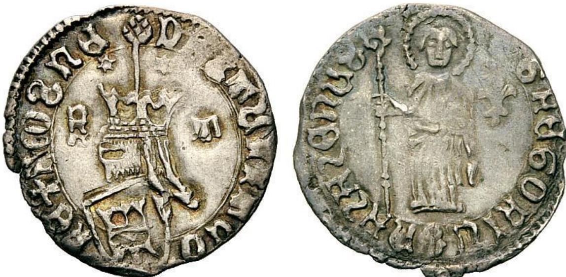 Fig 1. Coin of King Tvrtko II Tvrtkovié minted between 1435 and 1443 Numismatik Lanz Miinchen, Auction 152, Lot 167 (1 July 2011)  Eee eo eee ee eee  After a gap of almost 60 years, the next ruler who minted coins in Bosnia was Tvrtko’s son, appropriately named Tvrtko II Tvrtkovié (1420-1443). In the mid-1430s he began striking coins with a representation of St. Gregory on the reverse, which included an inscription identifying this saint as Gregory of Nazianzus (ca. 329-390), the fourth century Archbishop of Constantinople (Figure 1 , 2).37 On the coins the saint is portrayed as wearing a long-draped toga with an episcopal crozier in his right and a book in his left hand. He has no discernible beard, there is an aureole above his head and to his left side there is a fleur-de-lys which had become one of the most prominent political symbols of medieval Bosnia. Even though the legend on the coin does not claim that St. Gregory of Nazianzus was indeed the patron saint of Bosnia or the personal guardian of the ruler, this can nevertheless be deduced since it was customary to adorn medieval currency with an image ofa holy protector.38 