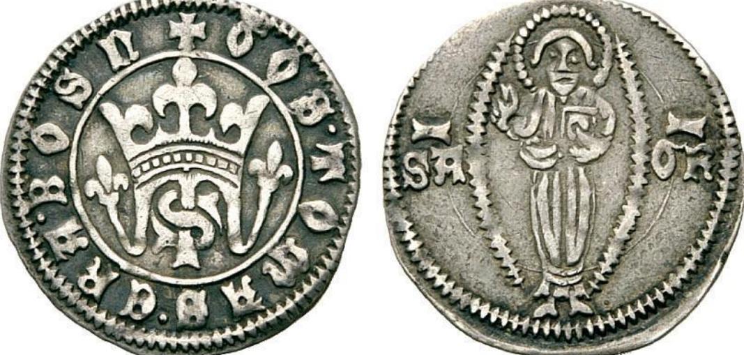 Fig 3. Coin of King Tomas minted between 1443 and 1446 Numismatik Lanz Miinchen, Auction 152, Lot 168 (1 July 2011)  DUST, VWI Wado LIRTUCLY LEeOlollU DY UIC LULA ALOU Aly,  Therefore, acting perhaps as a link to the Slavic saints and their traditions, the image of St. Gregory was also minted on the reverse of the early coins issued by Tvrtko II’s successor King Tomas (1443-1461). He even struck coins with the Latin inscription Sanctus Gregorius on which the saint was depicted without a crozier, performing a blessing gesture with his right hand while holding a book in his left (Figure 3 , 4).51 However, the reign of King Tomas corresponded to the time of the greatest Ottoman political, economic and military pressure on the Bosnian Kingdom.>2 Understanding that he could not defend the country using only his own resources, Tomas sought to ally himself as early as possible with the powers of Western Christendom.®? But the Bosnian Church, accused of heresy, was a stumbling point in any negotiation attempted with the pope. The Bosnian king had to show that, unlike his predecessors, he personally did not support this institution, that he was outwardly a Catholic, and that he intended to steer the country openly on the course of Catholicism.>4 