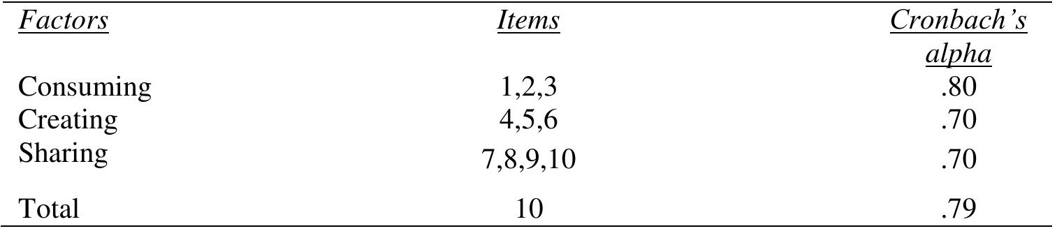 Factors and reliability of the ISSMB scale  