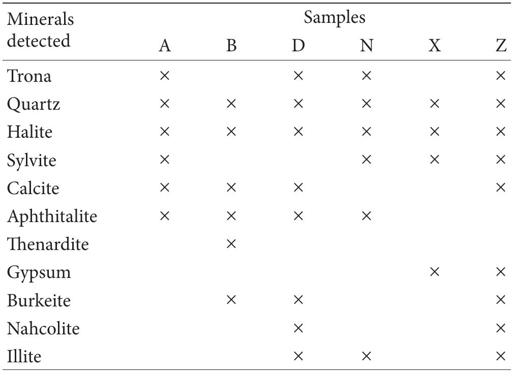 TABLE 1: Minerals detected from X-rays analysis of raw samples studied (x: minerals detected in samples studied).  formed. X-rays diffraction spectrum of crystals obtained was recorded using the same X-rays diffractometer as previously. 