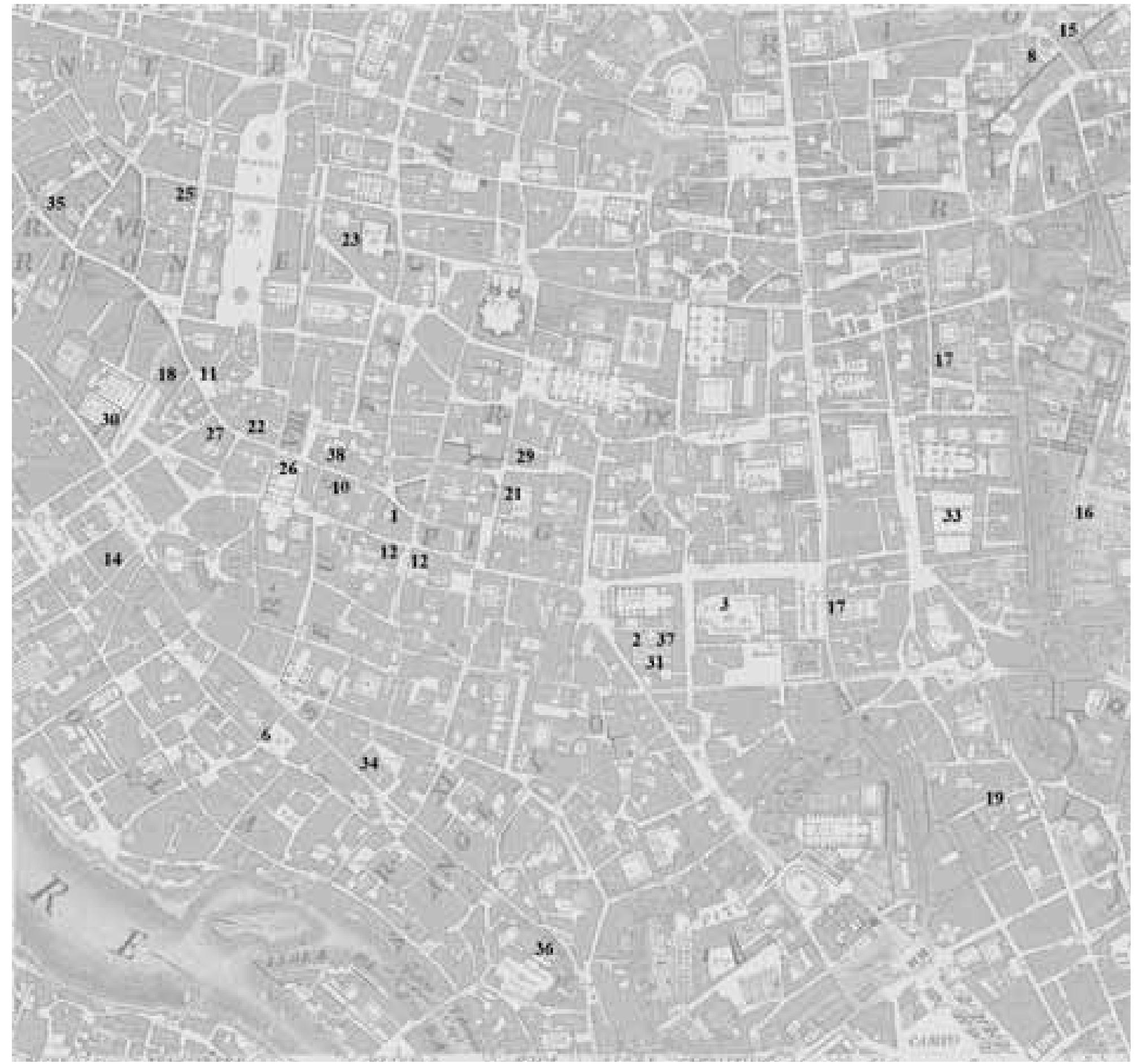 Map 1 Giambattista Nolli, The Abitato, detail of his map of Rome, 1748 (inserted numbers correspond to collection number: in the catalogue) 