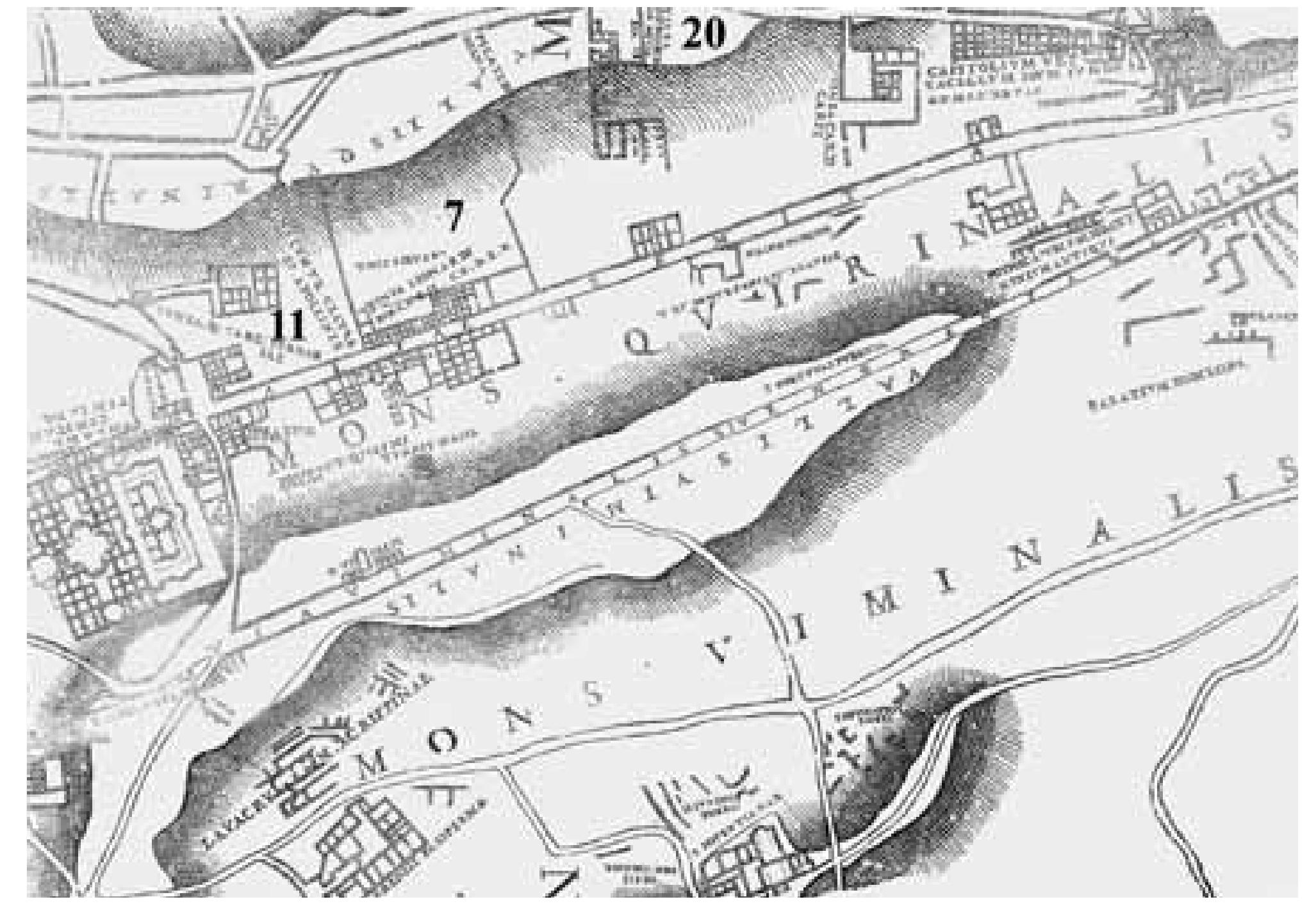 Map 2 Leonardo Bufalini, The Quirinal Hill, detail of his map of Rome, 1551 (inserted numbers correspond to collectio numbers in the catalogue) 
