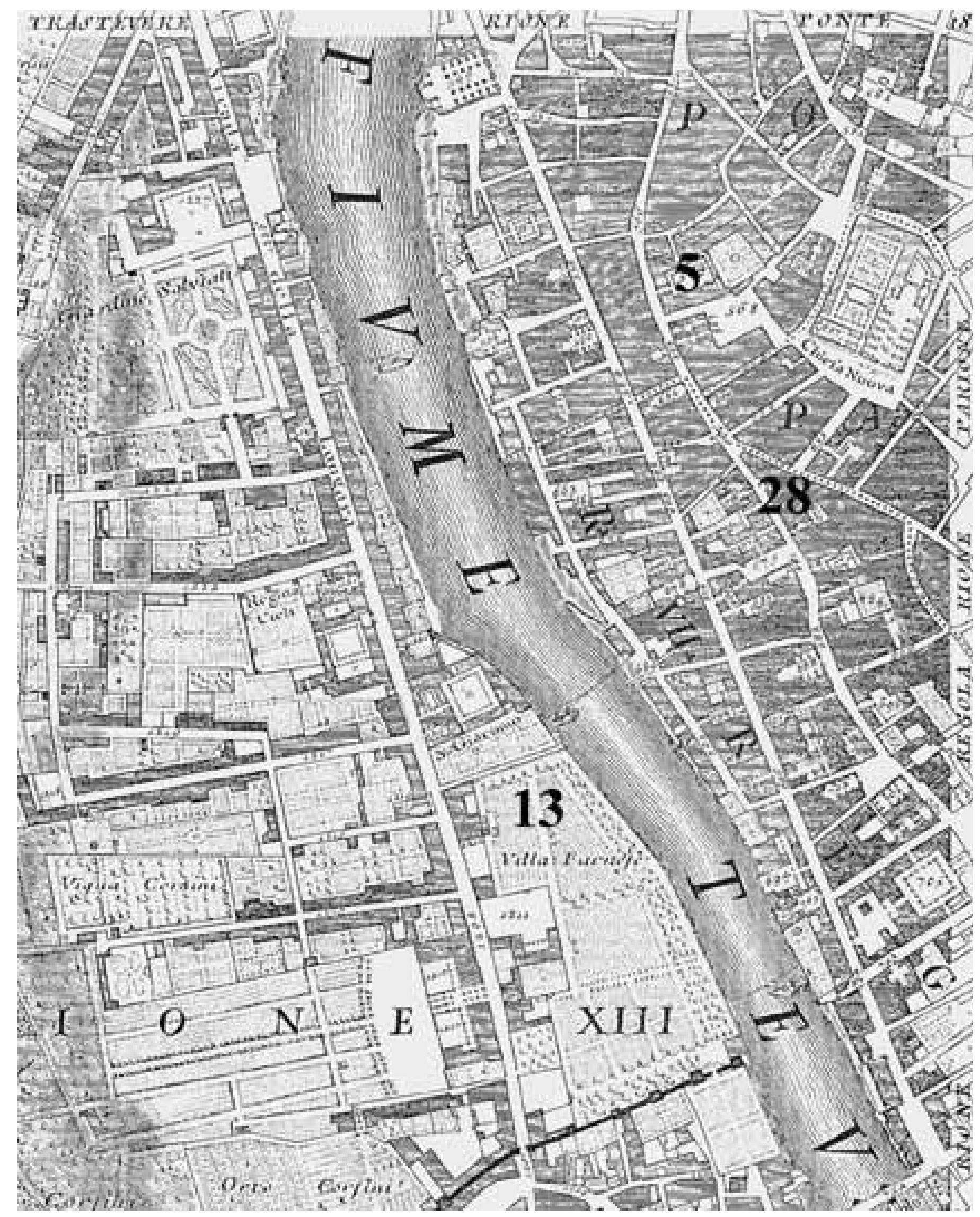 Map 4 Giambattista Nolli, The Tiber Banks, detail of his map of Rome, 1748 (inserted numbers correspond to collection numbers in the catalogue) 