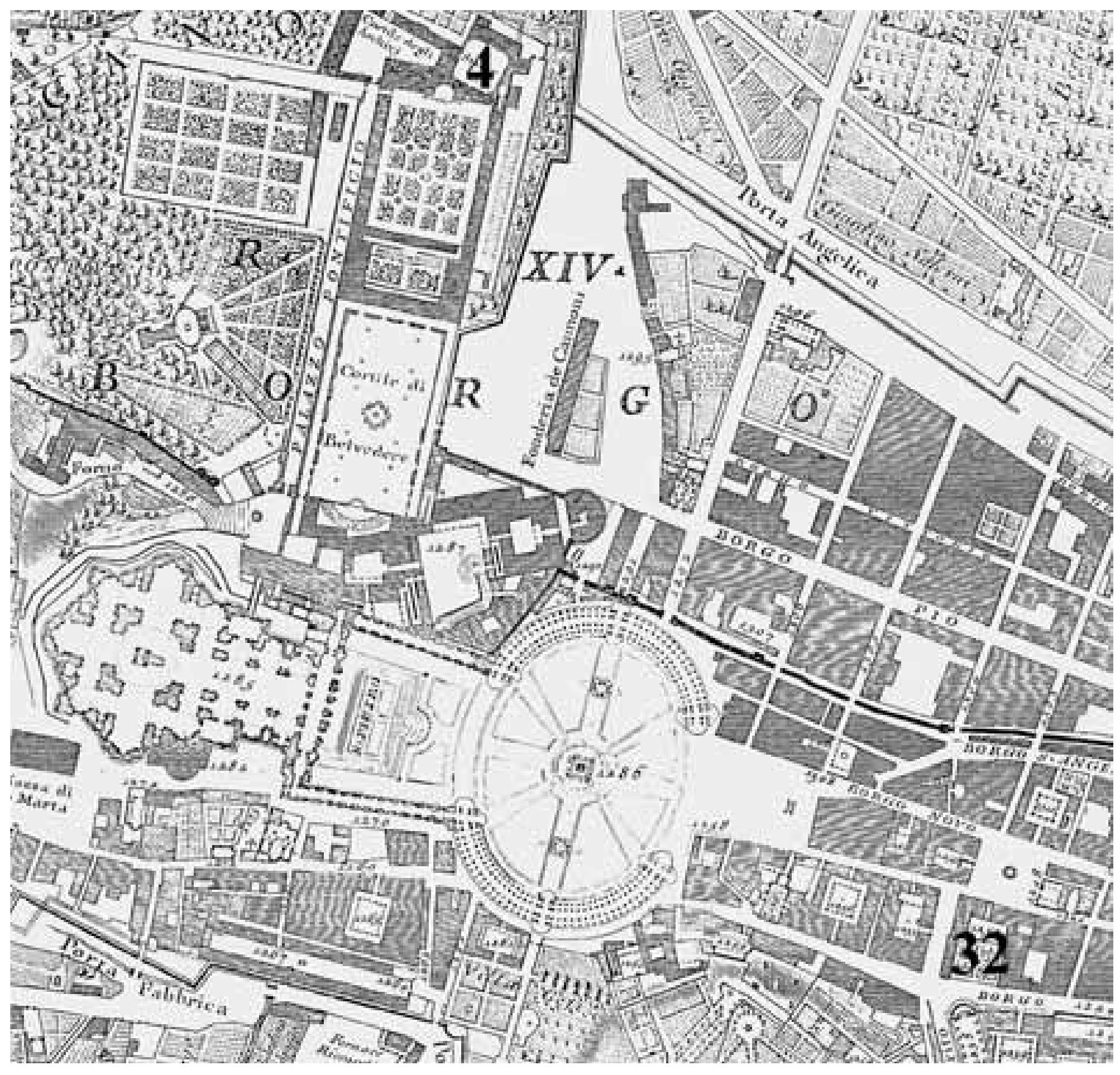 Map 3. Giambattista Nolli, The Vatican and Borgo, detail of his map of Rome, 1748 (inserted numbers correspond tc collection numbers in the catalogue) 