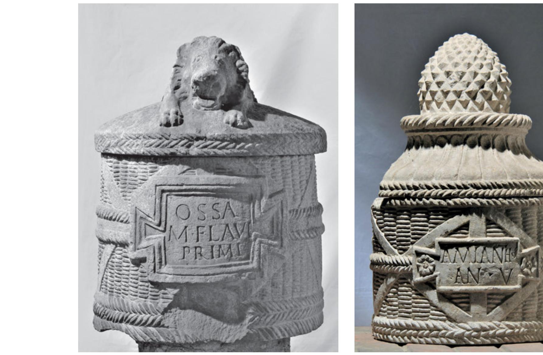 Fig. 2: Basket urn, limestone, H 56.0 cm, D 45.0 cm; Aquileia, Museo Archeologico, inv. 854 (here: no. 28).  Fig. 3: Basket urn, limestone, H 45.0 cm, D 30.0 cm; Aquileia, Museo Archeologico, s.n. (here: no. 30).  29, 31, 32[?] and 40). The actual wickerwork is always organised in vertical registers, filled with  horizontal ri another or s  and does no  flat bands w  bs*!, These ribs, which indicate the individual willow rods, are either flush with one ightly offset so that each rib ends just between the two adjacent ones (e.g., no. 30;  Fig. 3)?. In all cases, therefore, an extraordinarily dense weave is represented, which has no gaps  reveal the vertical stakes. Another common motif that can be found in urn no. 4 and  in all the pieces from the Aquileian cluster, is the pattern of horizontal and diagonally crossing  hich further structure the body of the urns and which apparently represent lacings to  stabilise the wickerwork??. 